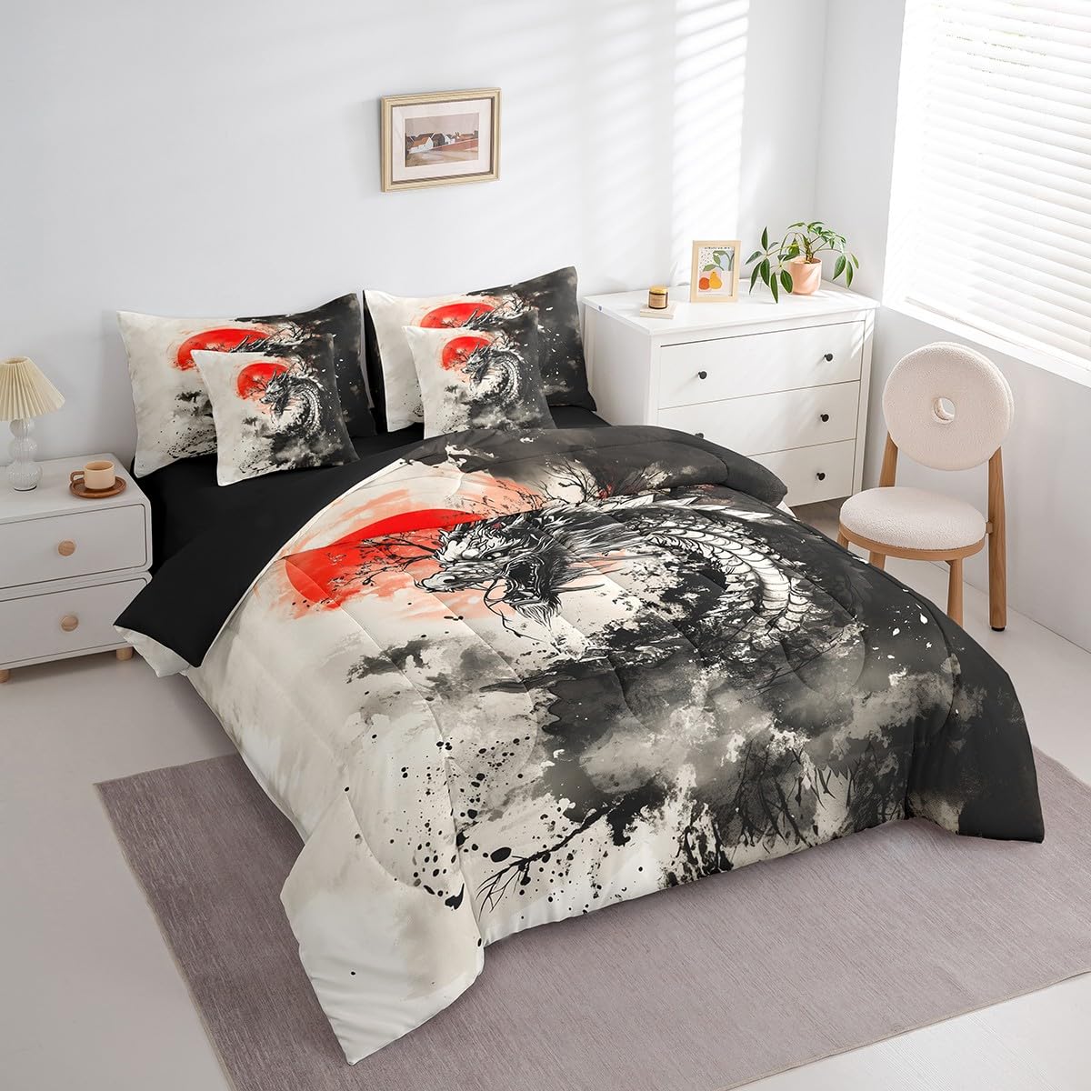 7 Pieces Ink Painting Dragon Comforter Set Queen,Japanese Style Sun Bed Set for Kids Boys Girls,Black White Red Bedding(1 Comforter,1 Fitted Sheet,1 Flat Sheet,2 Pillowcases,2 Throw Pillow Cover)