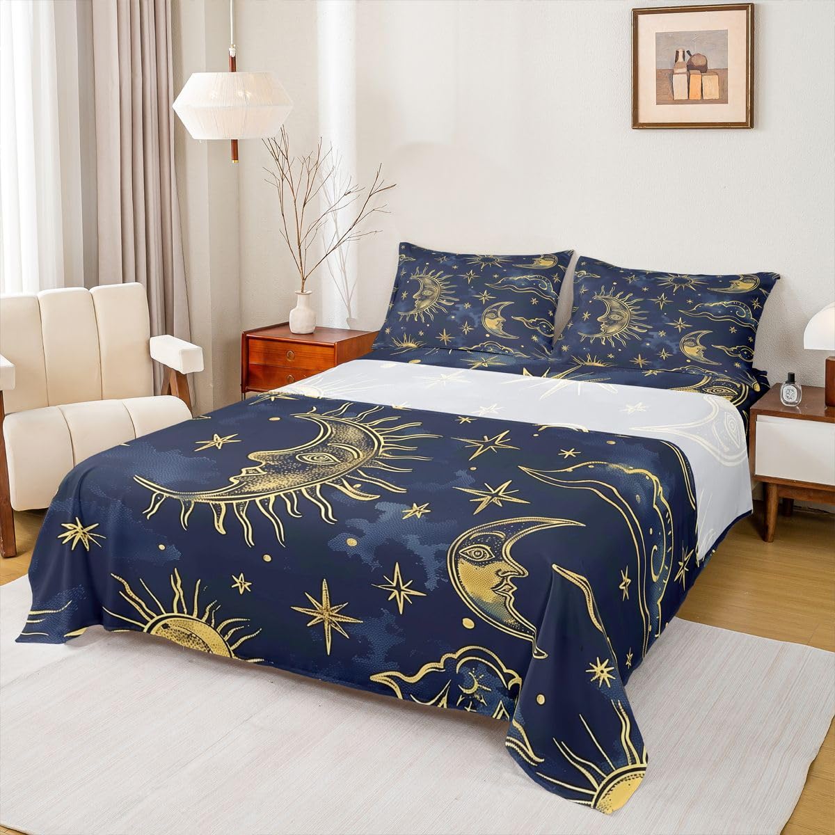 Erosebridal Moon Galaxy Bed Sheets Set Full Mystical Celestial Star Sky Sheet Set Bohemia Sun Moon Sheets Cosmic Cloud Flat Fitted Sheet