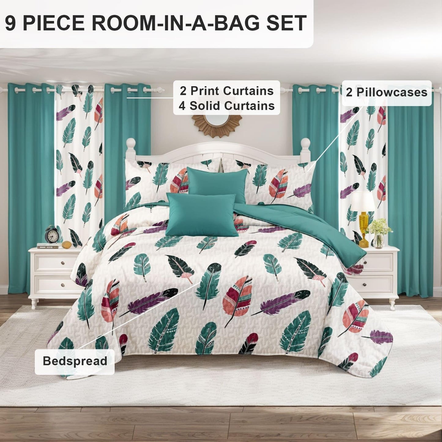 Chic 9-Piece Feather Print Queen Light Comforter Set with Matching Curtains, Green White Bedspread Set Ultra-Soft & Machine Washable Refined Update To Bedroom Decor, Ideal of All-Season Gift