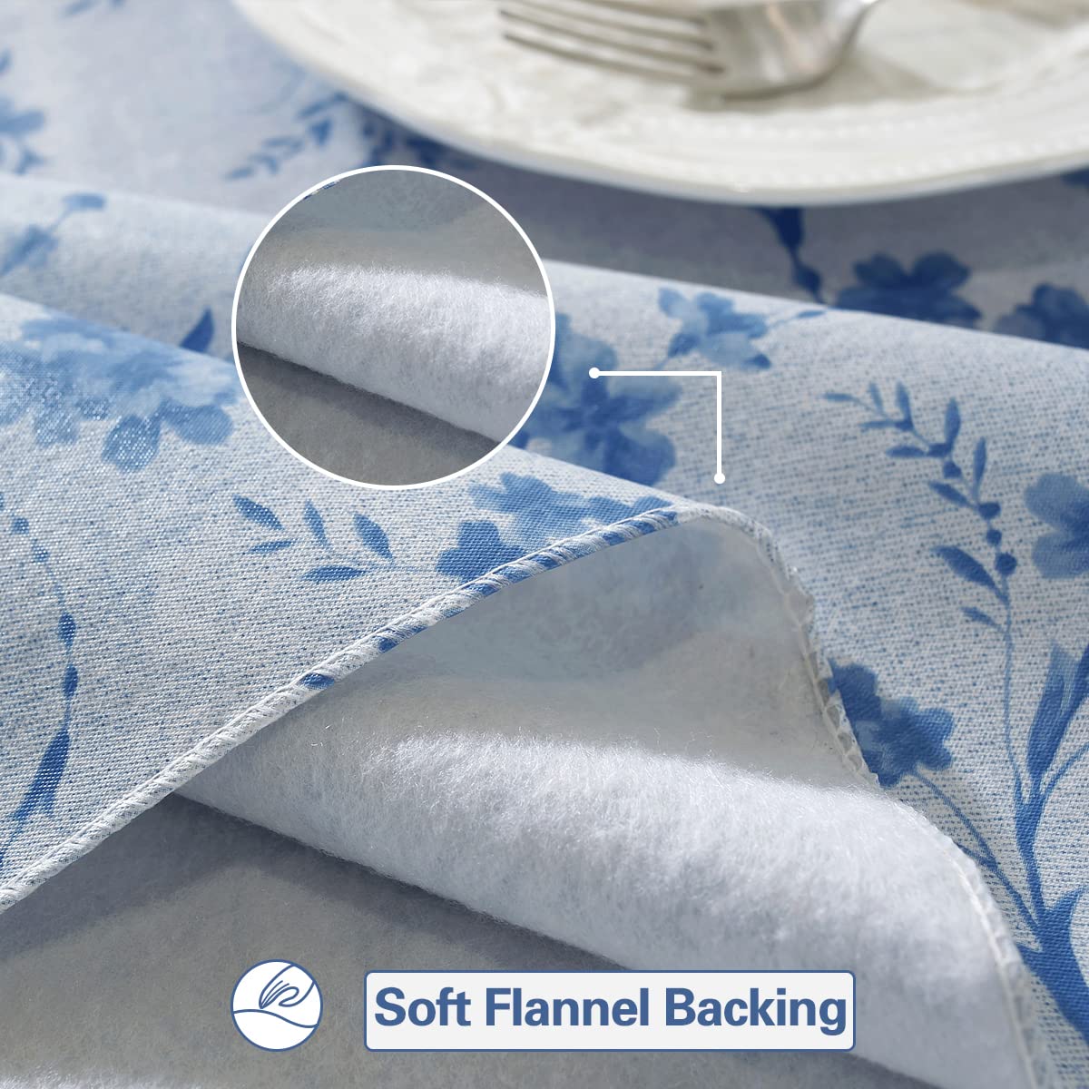 SASTYBALE Vinyl Tablecloth with Flannel Backing Rectangle 52 x 70 Inch, Floral Waterproof Wipe-able Rustic Plastic Tablecloth, Pastoral Table Cover for Dining, Picnic, Indoor, Outdoor, Blue