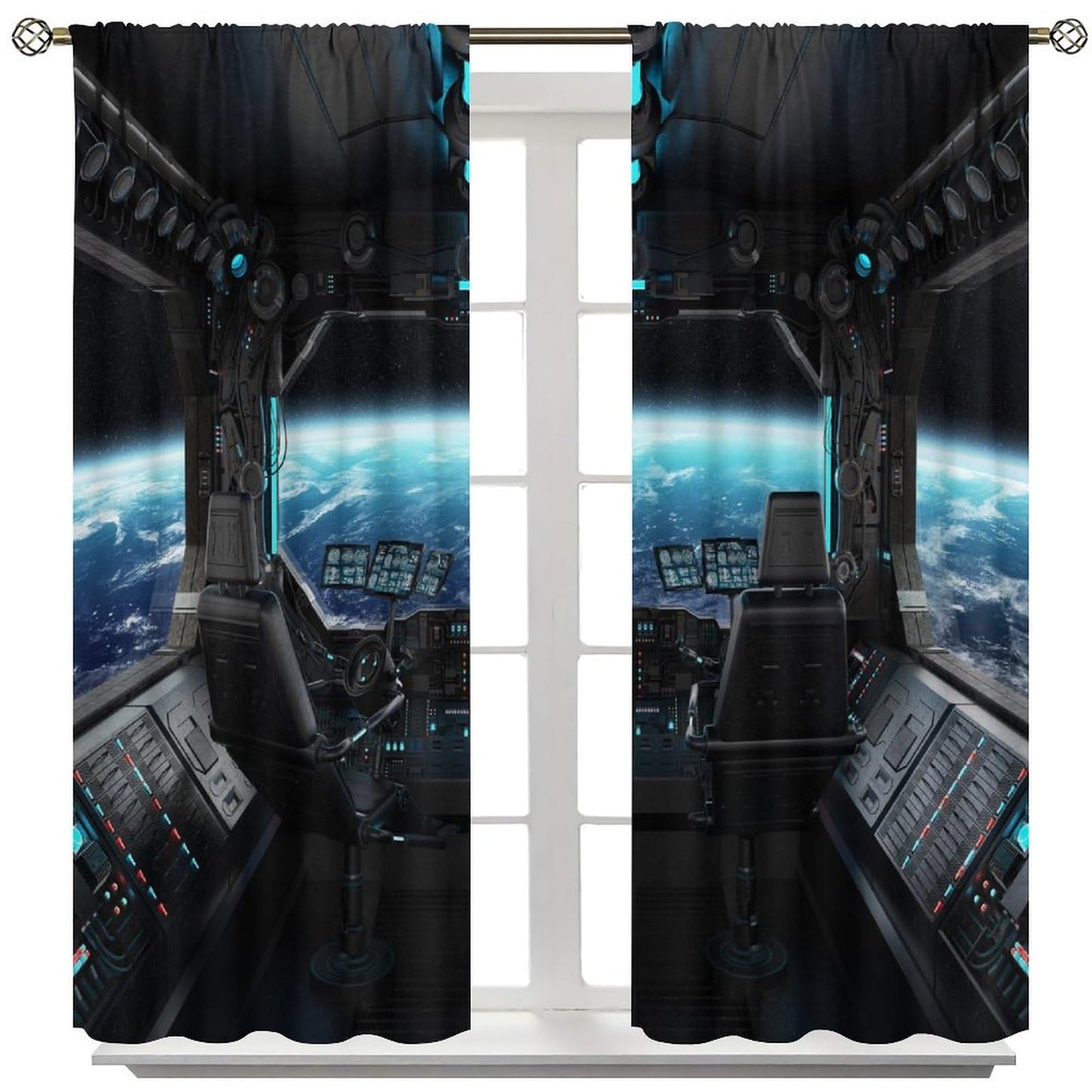 YSWOW Spaceship Curtains Galaxy Futuristic Science Spacecraft Cabin Art Printed Window Drapes for Kids Boys Bedroom Decor Fabric 2 Panel W21xL45in
