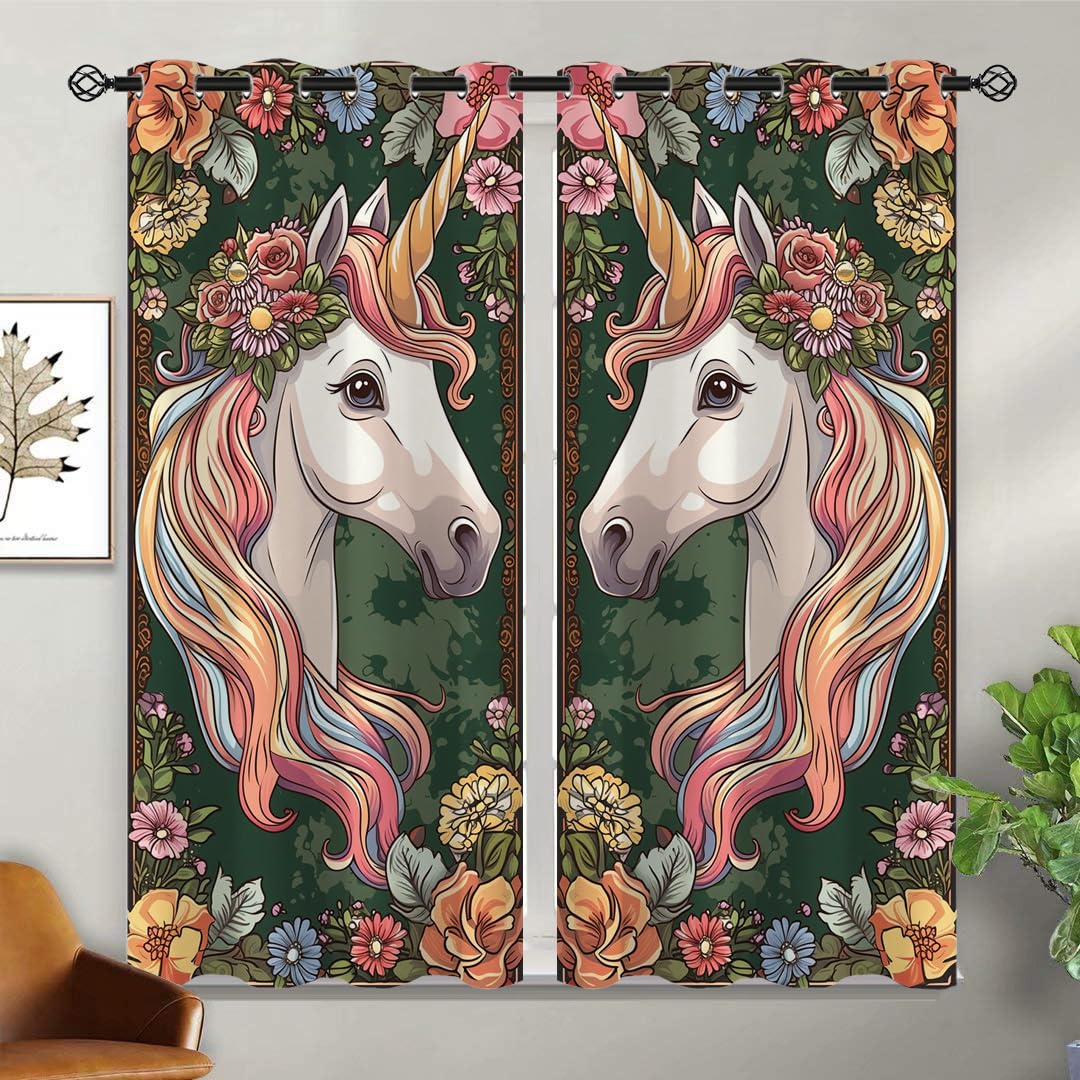 Unicorn Princess Blackout Curtains for Girls Boys Kids Teens Home Decor, Flowers Fantasy Art Unicorn Grommet Thermal Insulated Drapes Darkening Window Curtain for Bedroom Living Room, 42 x 45 Inch