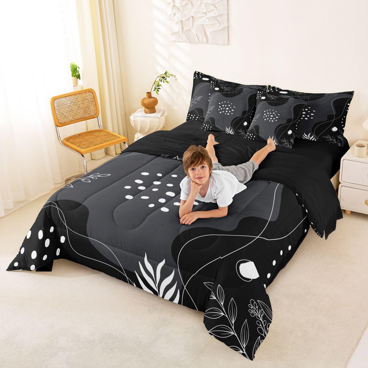 Erosebridal Mid Century Modern Comforter Set 7 Piece Bed in a Bag Twin Boho Black Grey Bedding Sets Simplistic Geometrical Comforter and Sheet Set, Geometric Lines Bed Sets