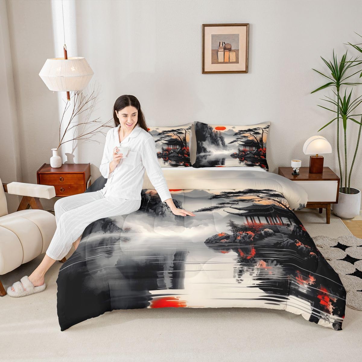 jejeloiu Chinese Ink Painting Comforter Set Queen Size Japanese Style Bedding Set for Kids Boys Girls Red Sun Mountain Duvet Quilt Bedroom Decor Microfiber 3 Pcs with 2 Pillow Cases