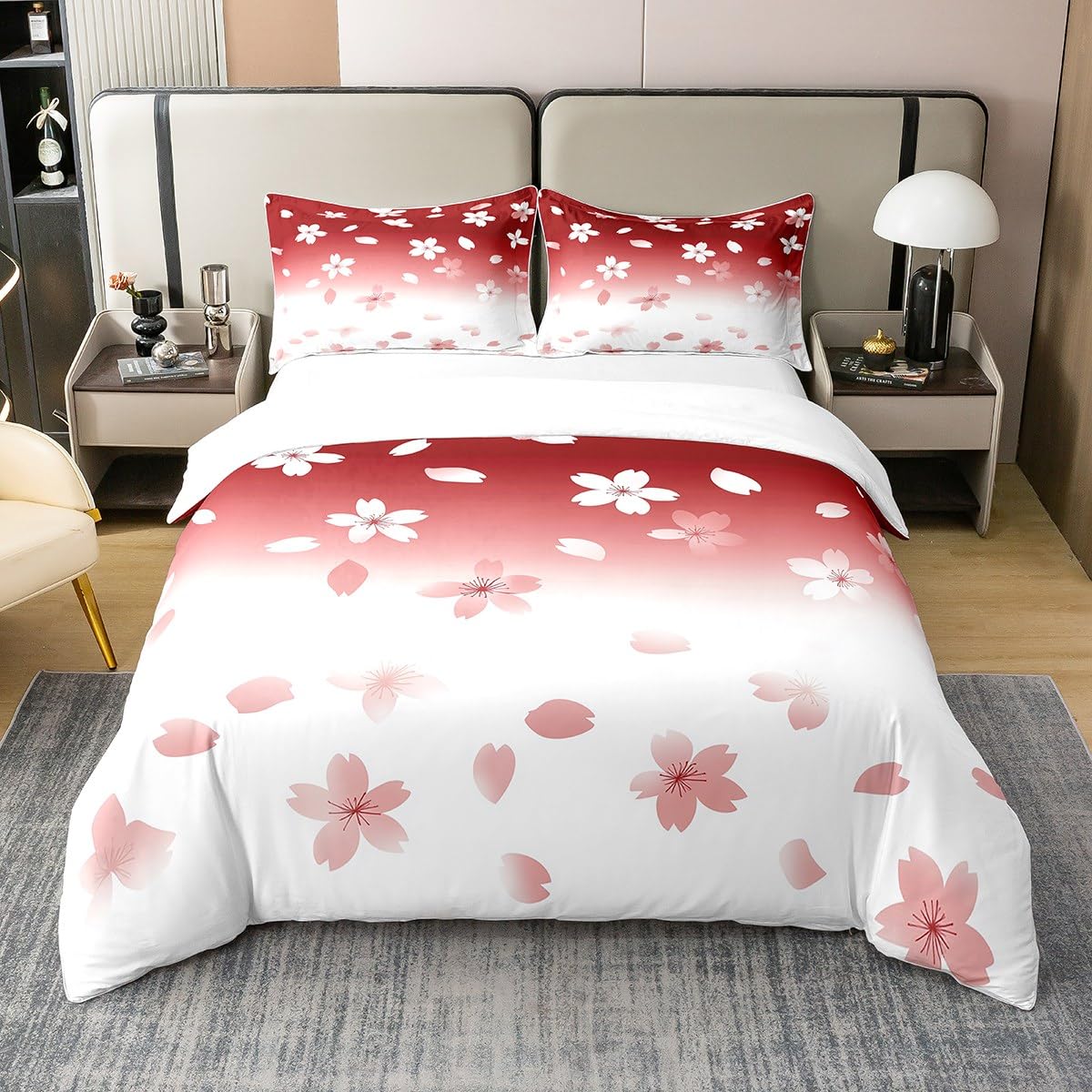Erosebridal Japanese Style Girls Comforter Cover Twin Size 100% Cotton Aesthetic Romantic Cherry Blossom Duvet Cover Green White Ombre Bedding Set Sakura Theme Spring Plants Bed Set for Kids Boys