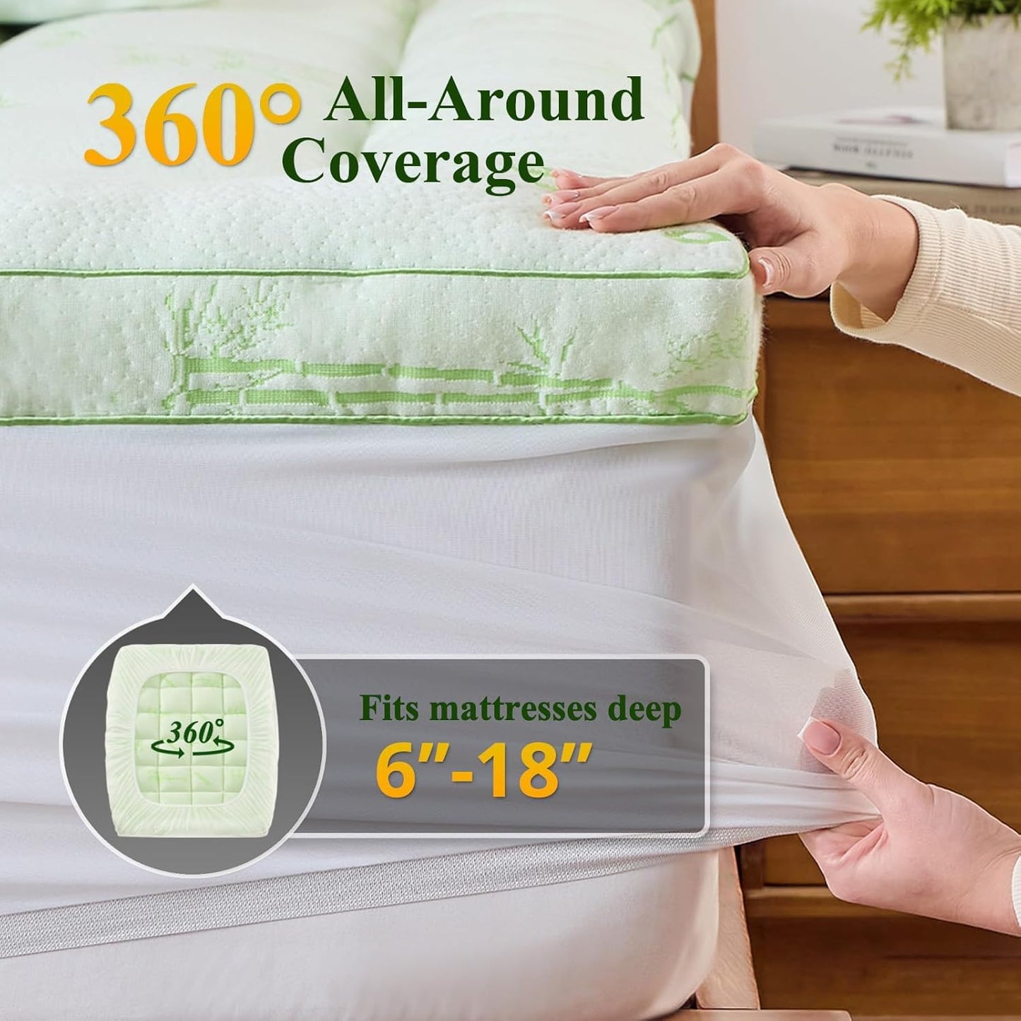 KRIMANO Memory Foam Mattress Topper - Viscose Made from Bamboo Pillow Top Thick Queen Size Mattress Pad for Back Pain, Ultra Soft & Cooling for Hot Sleepers, 6-18'' Deep Pocket, Green