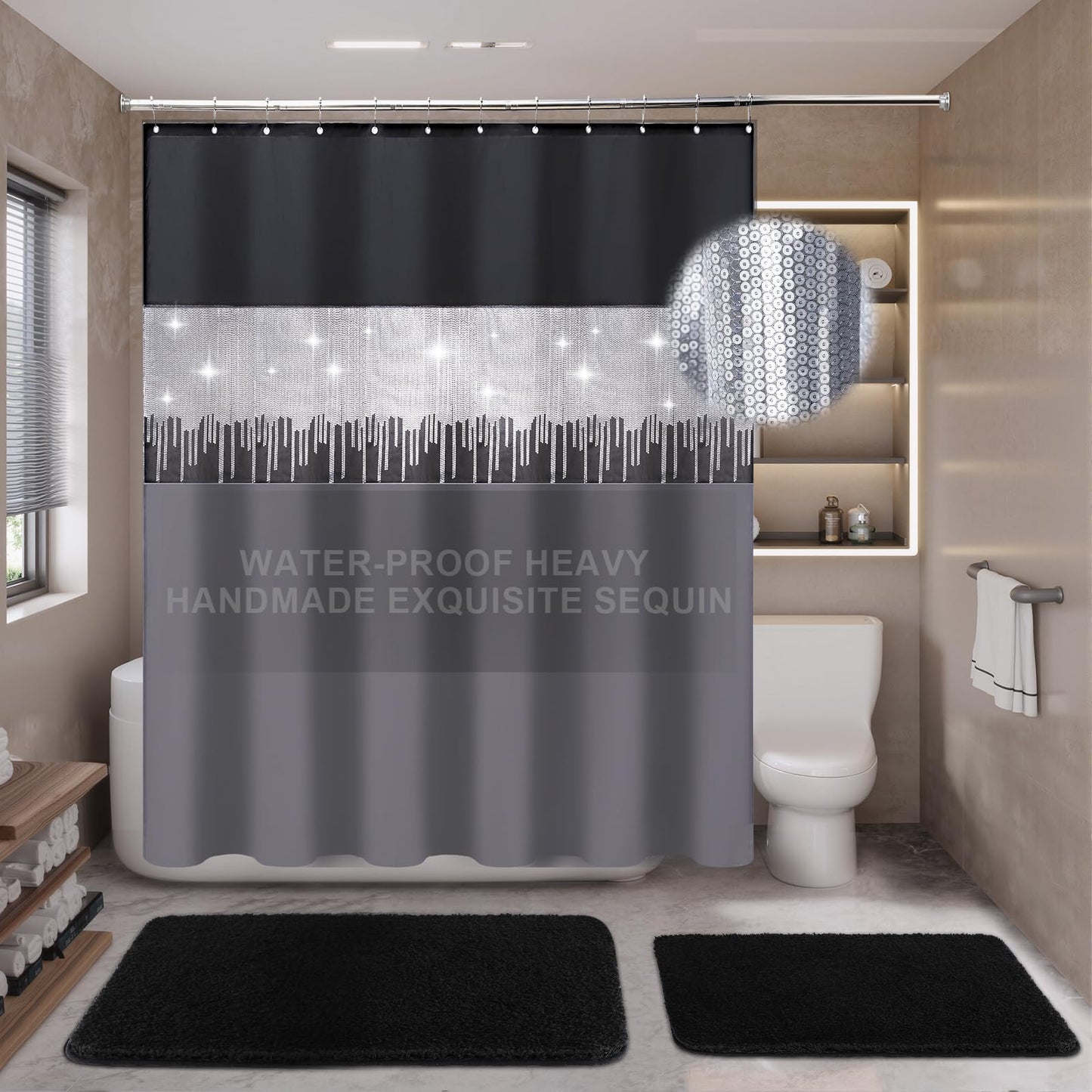 XLHOMO Shower Curtain Set Black Bathroom Sets with Shower Curtain and Rugs Glitter Waterproof Shower Curtain with Non-Slip Bathroom Rugs for Hotel Shower Bathroom Decor
