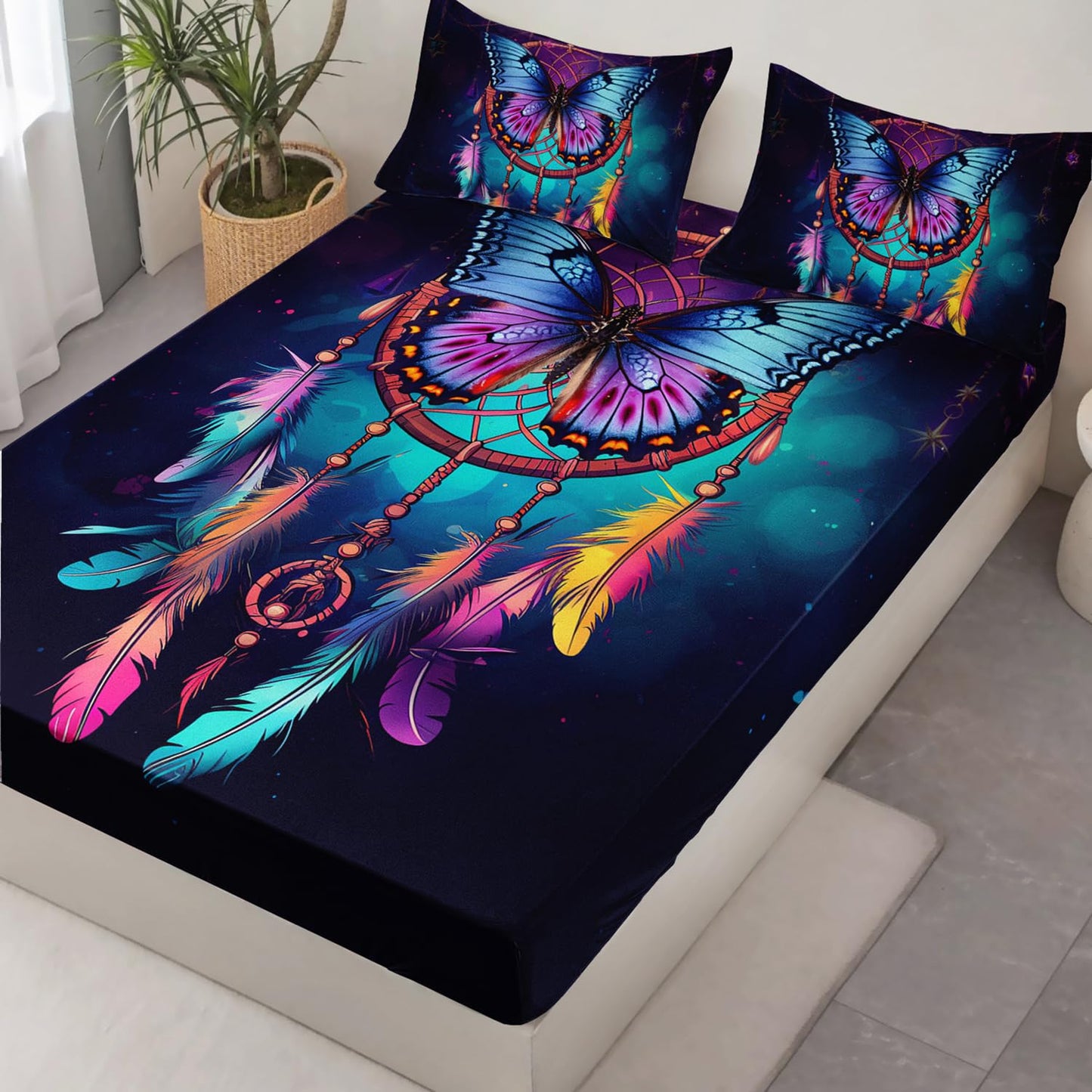 HOSIMA Dream Catcher Fitted Sheet Set 3Pcs,Indian Hippie Feather Boho Bedding Toddler Room Decor for Girls Boys,Native American Gypsy Butterfly Bed Set Twin Bed in a Bag Set for Adults Teens.