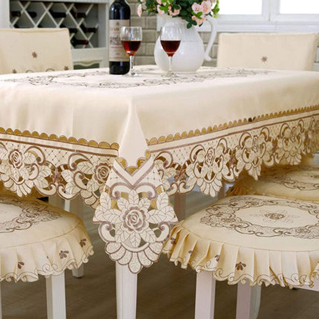 LeLehome Brown Flower Embroidered Lace Cream Beige Square Tablecloth, Vintage Classic Dining Table Cloth Wrinkle Free Table Cover 57 Inch x 57 Inch Party