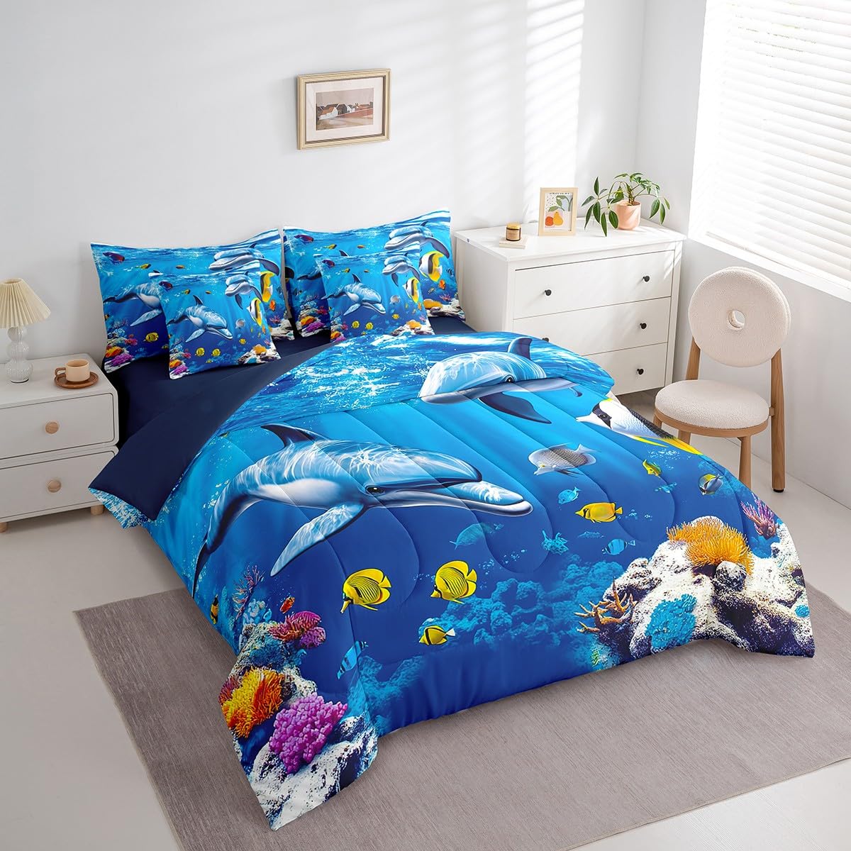 Erosebridal Blue Ocean Comforter Set 7 Piece Bed in a Bag Twin,Dolphin Bedding Sets 3D Fish Coastal Sheet Set with Comforter,Nautical Sea Animal Bed Set