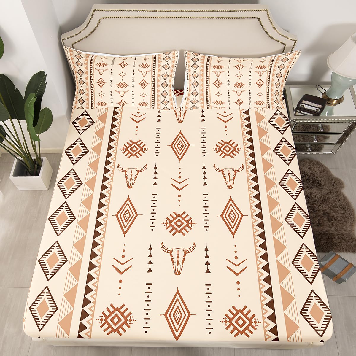 Erosebridal Bohemian Aztec Bed Sheets Set Full Size, Western Bull Skull Flat Fitted Sheet for Girls Boys Women Men Bedroom, Geometric Farmhouse Bedding Set, Southwestern Native Bed Sets