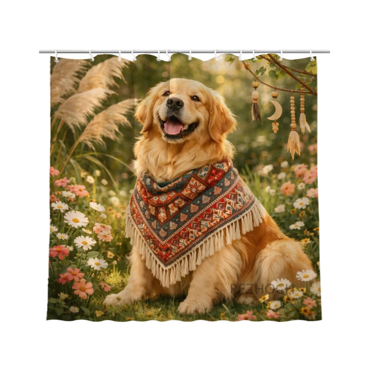 REZHOCH Boho Fun Golden Retriever Shower Curtain 72x72Inch,Cute Floral Daisy Animal Home Bathroom Decor,Rustic Nature Farmhouse Woodland Bohemian Waterproof Fabric Bath Set with Hooks