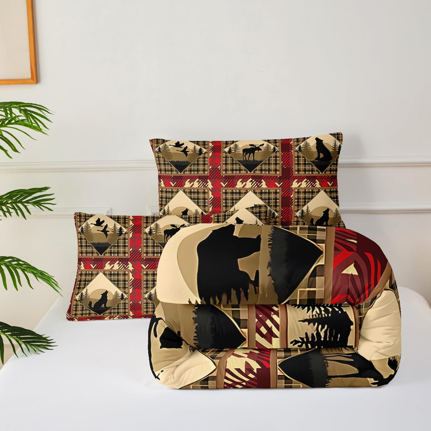 lneffble Red and Black Plaid Comforter Set Twin，Twin Size Bedding Set Animal Print，Rustic Farmhouse Quilt Bedding Sets Twin，with 1 Comforter with 2 Pillow Case
