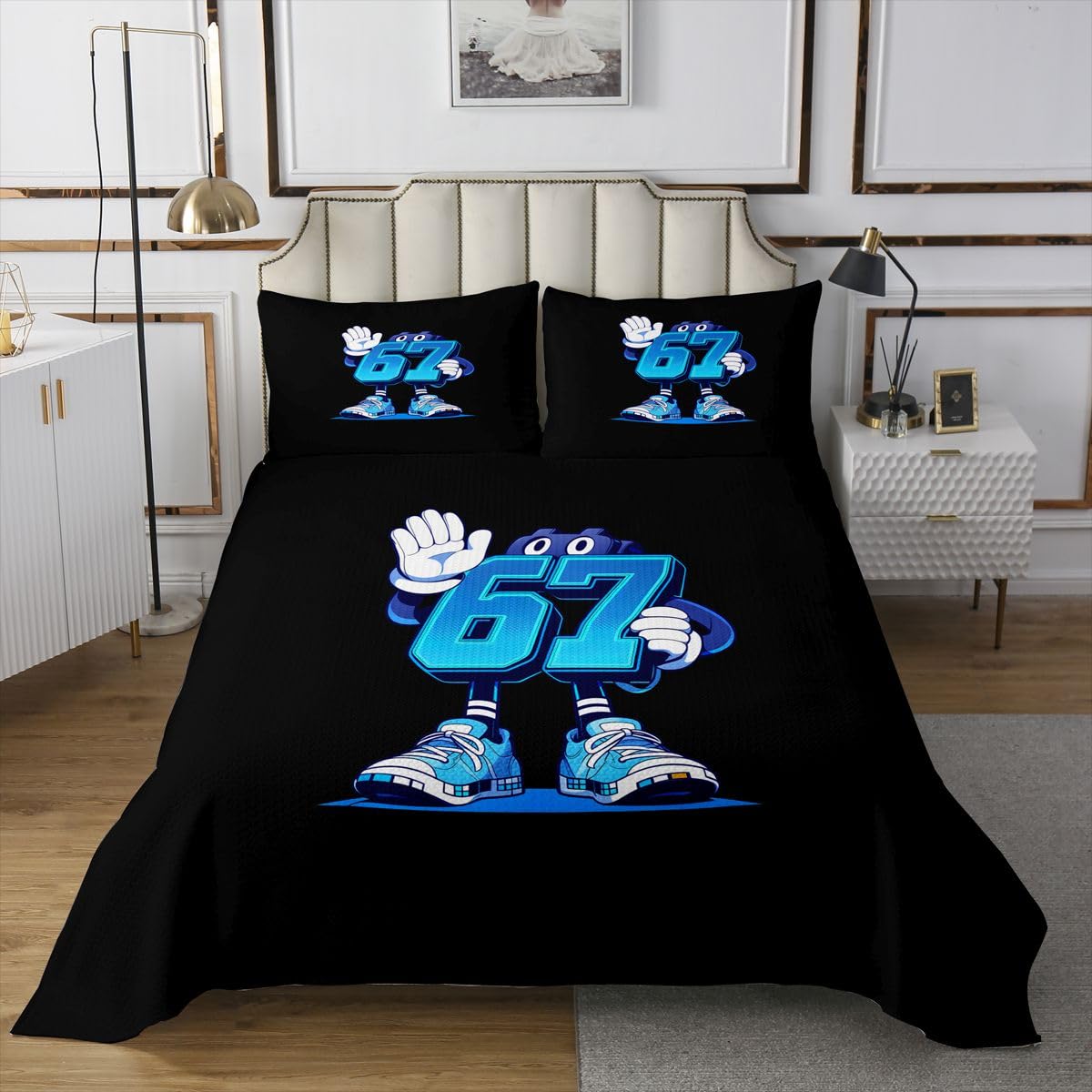jejeloiu 6 7 Bedspread Quilts Six Seven 6 7 Coverlet Set King Size for Kids Boys Girls Cute Quilted Coverlet for All Season with 2 Pillowcases Six Seven Microfiber Black and Blue