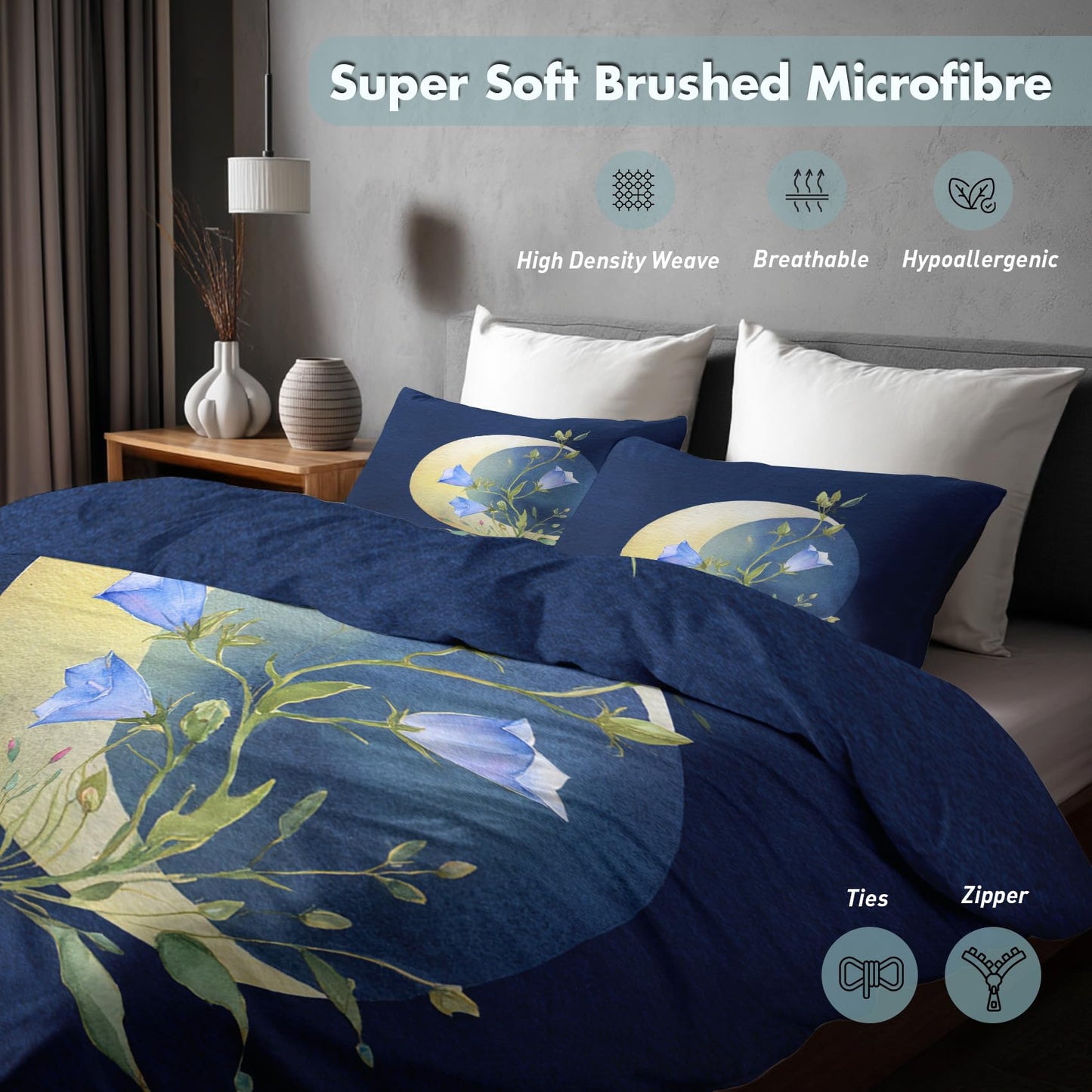 Aesthetic Flower Full Duvet Cover Set 3 Piece, Blue Floral Moon Reversible Bedding with 2 Pillow Shams, Zipper & Ties, Ultra Soft Microfiber, Flower Bedroom Decorations 74A-R