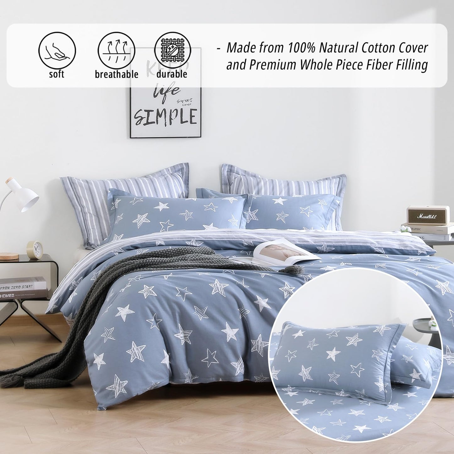 LEMIROE Blue Cotton Comforter King Size 3Pcs - White Doodle Style Stars on Denim Blue Front, Gray Stripes on Back, Reversible Lightweight Bedding Sets with Soft Fill(King, 104"×90")