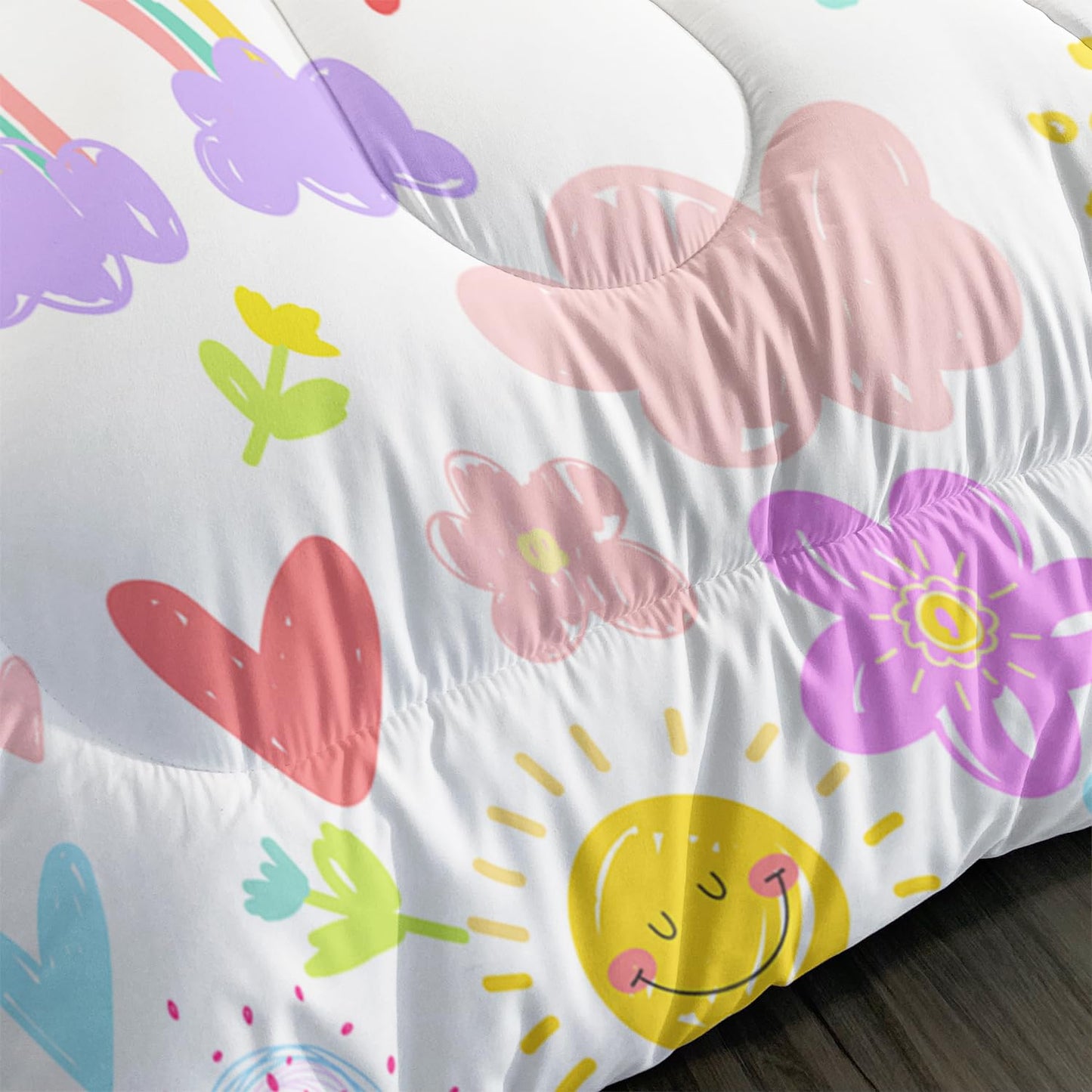 XYNHML Colorful Rainbow Comforter Graffiti Cute Sun Flowers Bedding 3Pcs Full Cartoon Hearts Cloud Pattern Quilt Set for Kids Teens Girls Boys Raindrop Bed Set with 1 Comforter and 2 Pillowcases