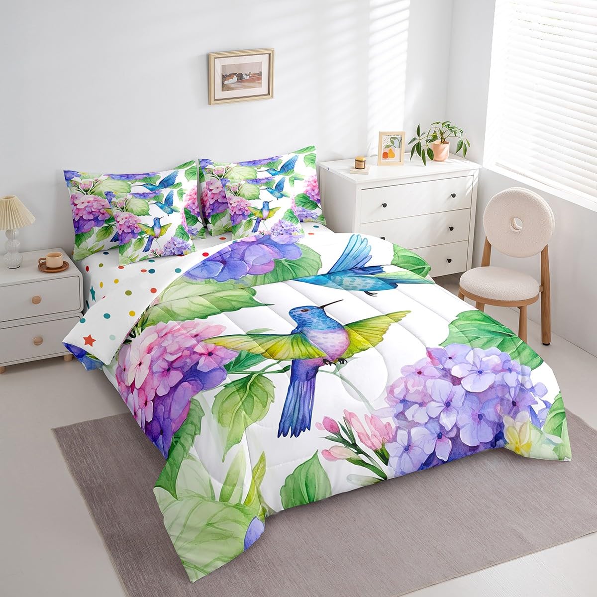7 Piece Hummingbird Twin Bed in a Bag for Girls Women Blue Hydrangea Print Sheet Set Twin, Cute Animal Birds Purple Flowers Bedding Set with Comforter Rustic Farmhouse Theme Cushion Covers
