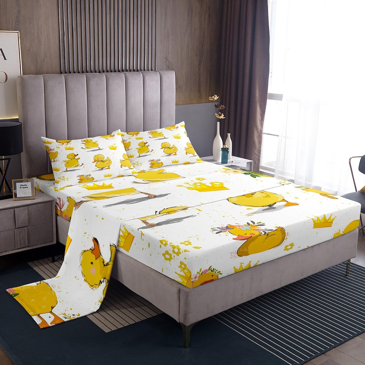 Cartoon Duck Sheet Set for Kids Boys Girls,Kawaii Duck + Crown Flowers Bed Sheets Set Full,Cute Duck Bedding Set,Lovely Farmhouse Animal Fitted Sheet + Top Sheet + 2 Pillowcases Bedroom Decor