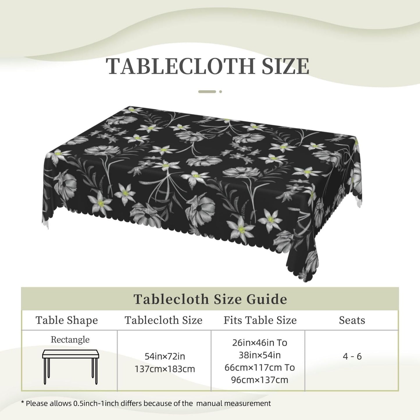 BHYGHJII Rectangular Table Cover Embroidered Floral Print Elegant Fitted Tablecloth for Farmhouse 54x72in