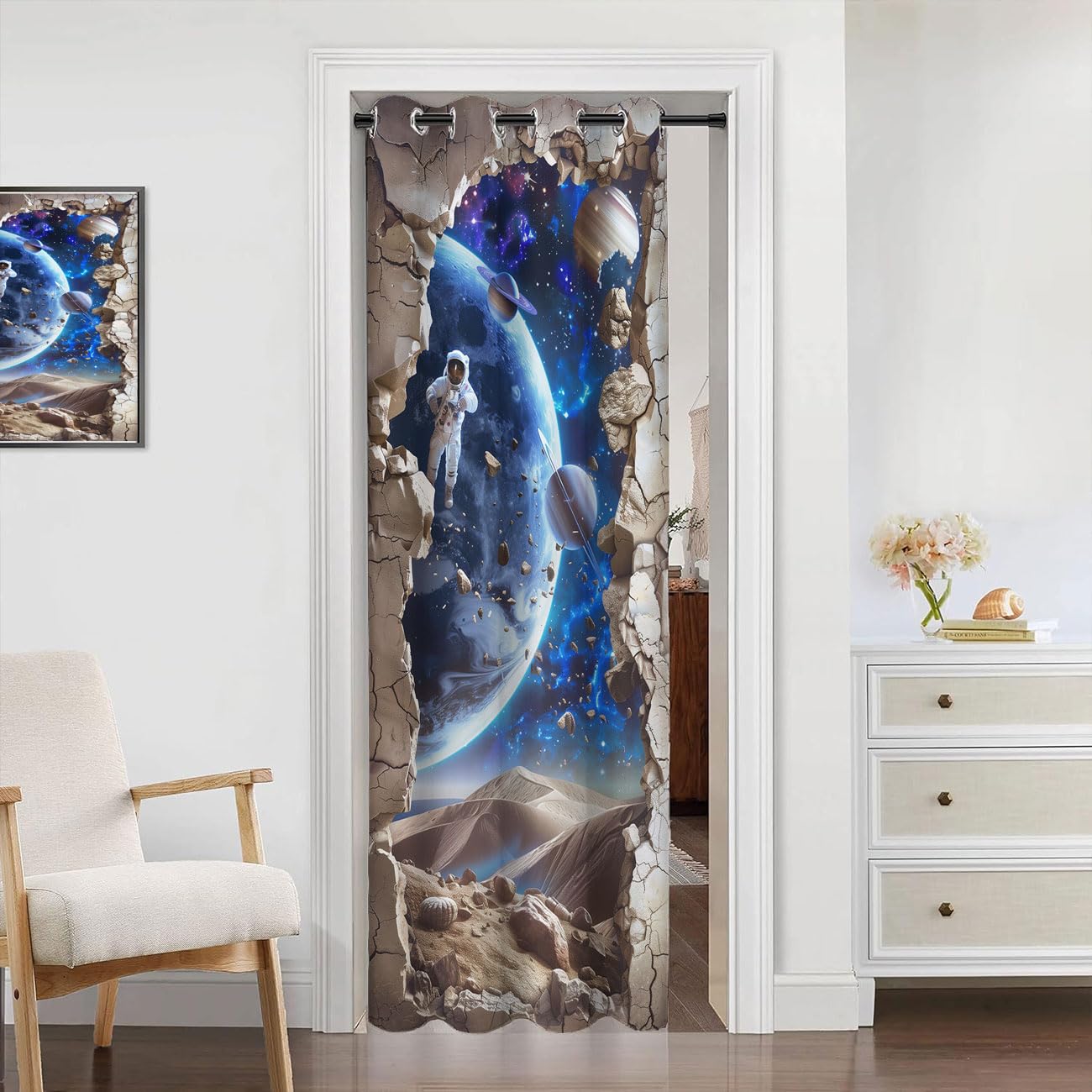 Chaohuan Galaxy Astronaut Door Curtain Home Decor, Planets Spaceships 3D Space Scene Room Darkening Blackout Curtain for Privacy Bedroom Doorway Living Room 1 Panel 34" W X 80" L