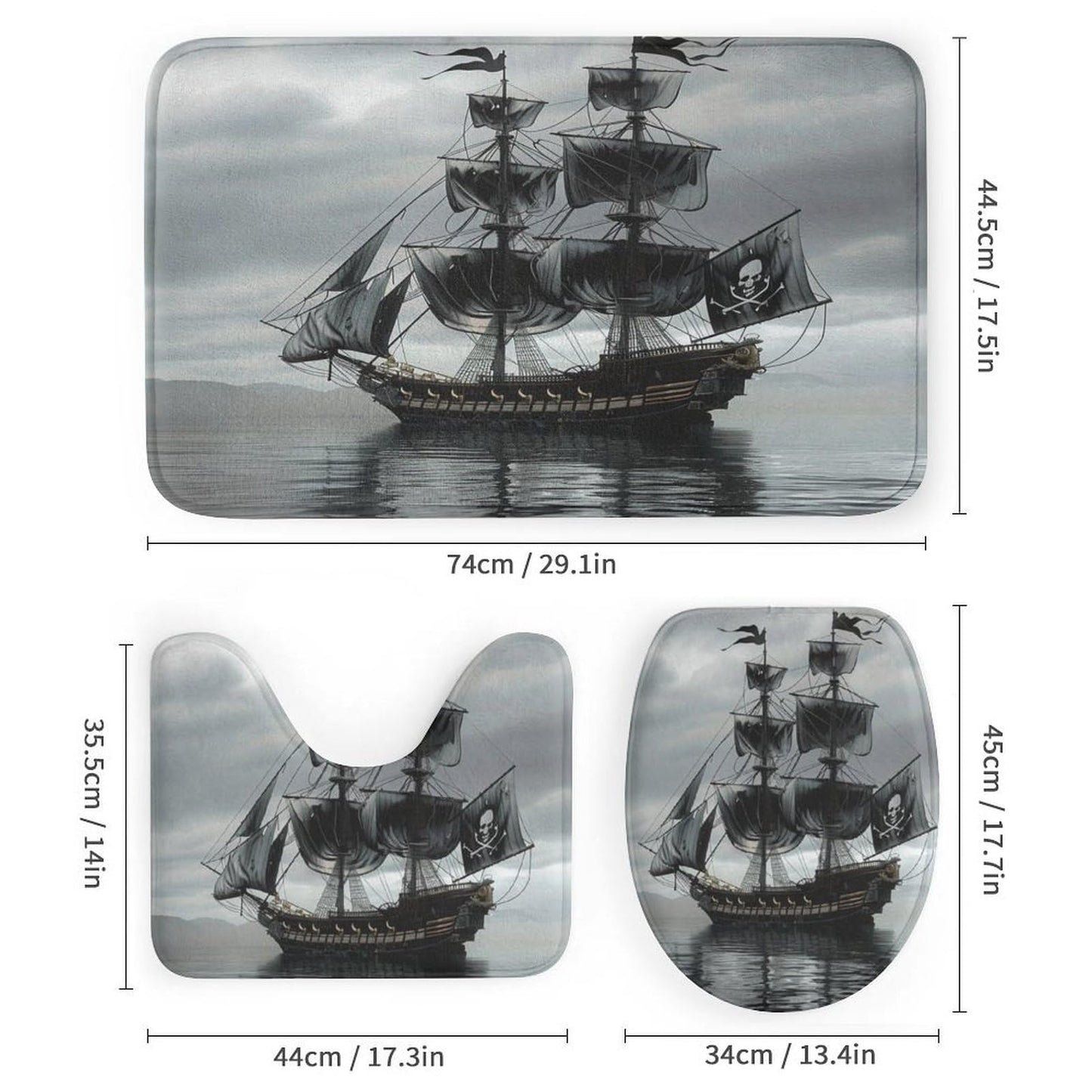 TOWINSFB 4Pcs Pirate Ship Shower Curtain Set with Toilet Lid Cover U-Shaped Mat and Non-Slip Rugs, Nautical Sailboat Ocean Black Shower Curtain Bathroom Decor Set, 72" x 72"