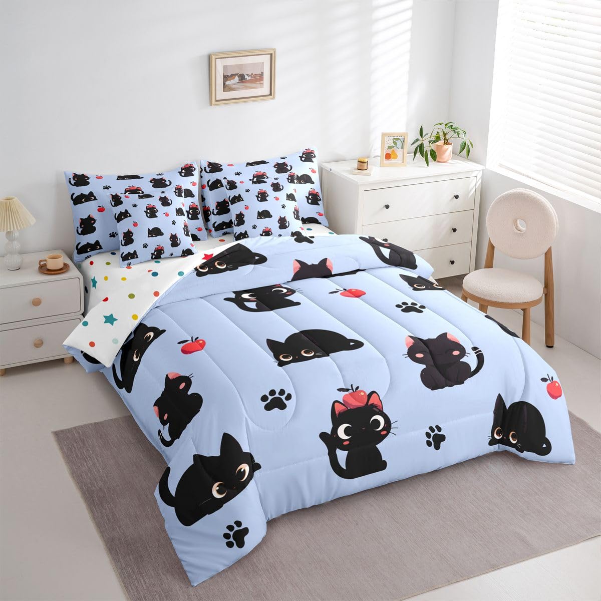 Erosebridal Cute Black Cats 7-Piece Bedding Set Full Size for Kids Girls Teens - Cartoon Black Cats Bed in a Bag Lovely Cat Paw Print Comforter Set with Sheets Kawaii Animal Cat Duvet Insert