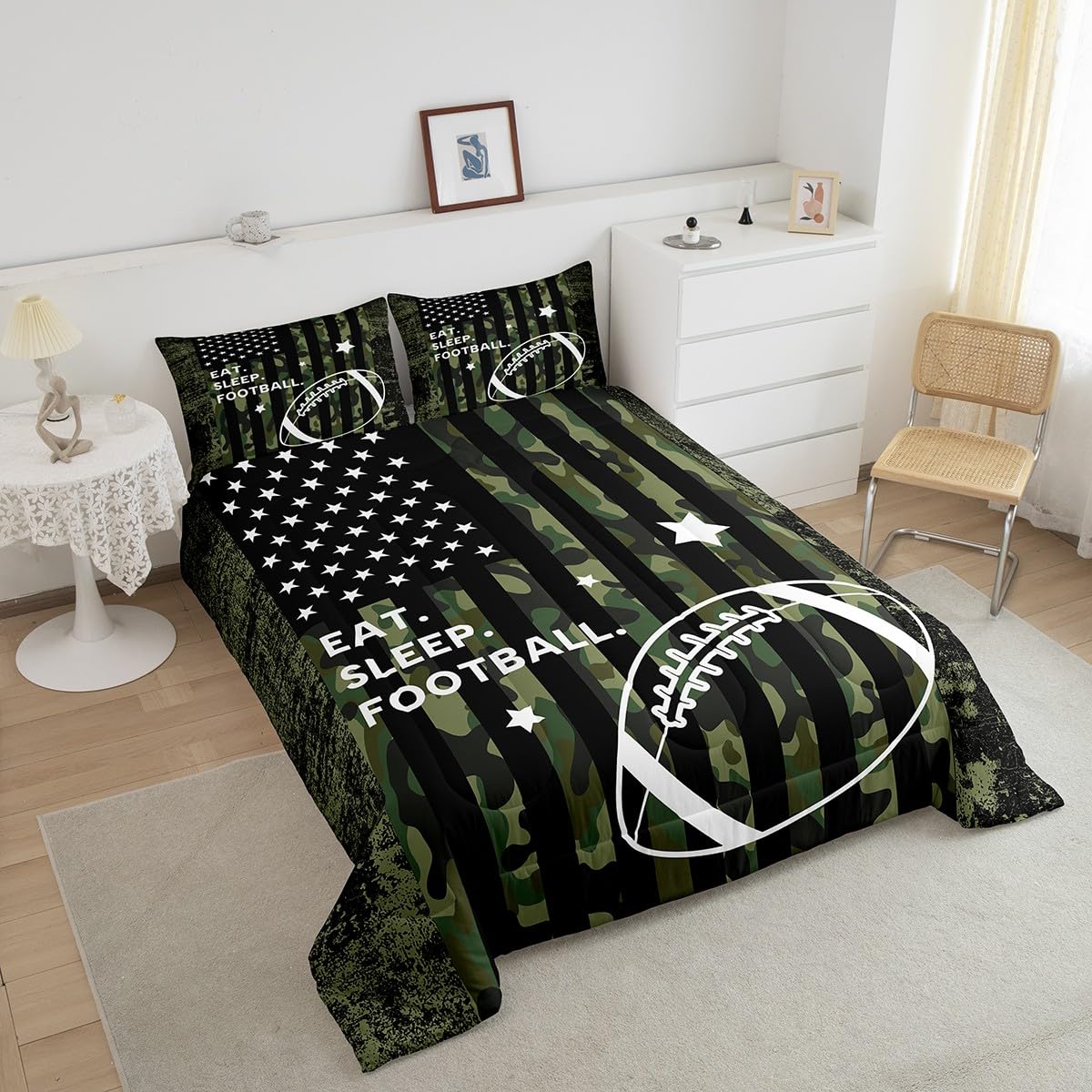 Feelyou Queen Football Bedding Set for Kids Toddler Camo American Flag Comforter Set for Boys Girls Rugby Sports Comforter Teens Soccer Duvet Set Microfiber Bed Set