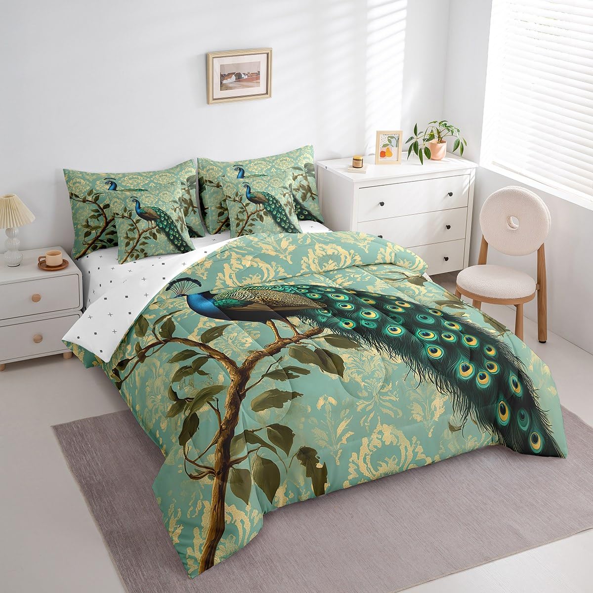 Erosebridal Peacock Comforter Set King Size,Retro Damask Floral Bedding Set for Kids Teens,Peacock Feather (Comforter+Fitted+Flat Sheet+2 Pillowcases+2 Throw Pillow Covers) 7 Pieces Bed Set