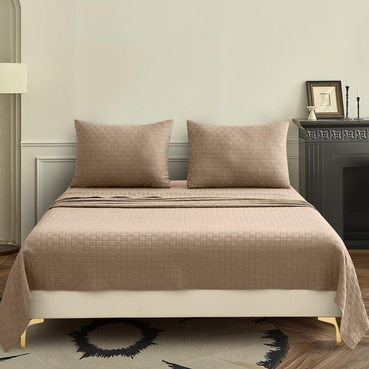 Seavelson Woven Grid Soft King Size Sheet Set - Comfortable & Breathable 4 Piece Bed Sheets with 1 Fitted Sheet,1 Flat Sheet & 2 Pillowcases - Deep Pocket Up to 18 Inches (Camel)