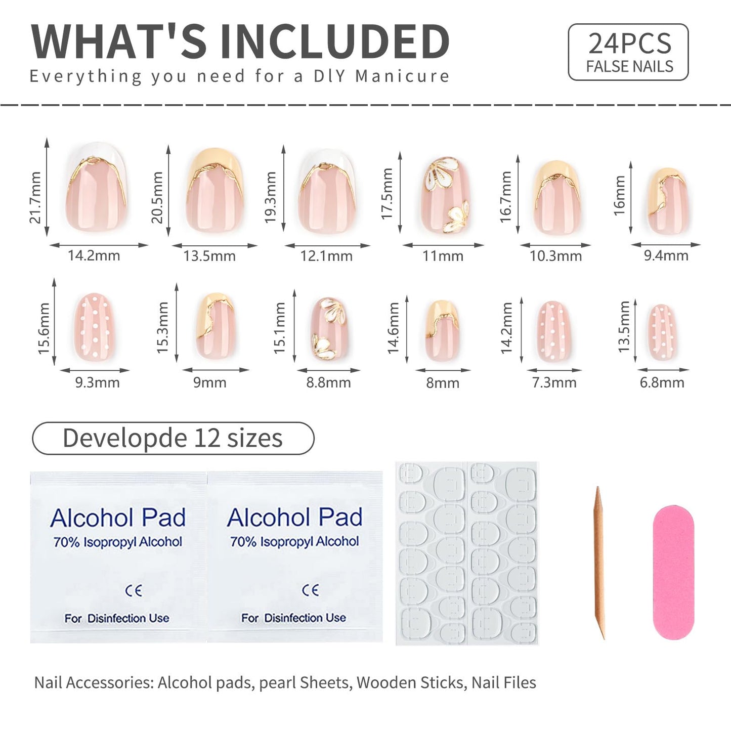 Short Oval Press On Nails Nude Pink, Yellow French Tip Fake Nails with Hand Painted Flower and Gold Outline, Cute Polka Dot Glossy Stick On Nails Reusable Full Cover False Nails for Women