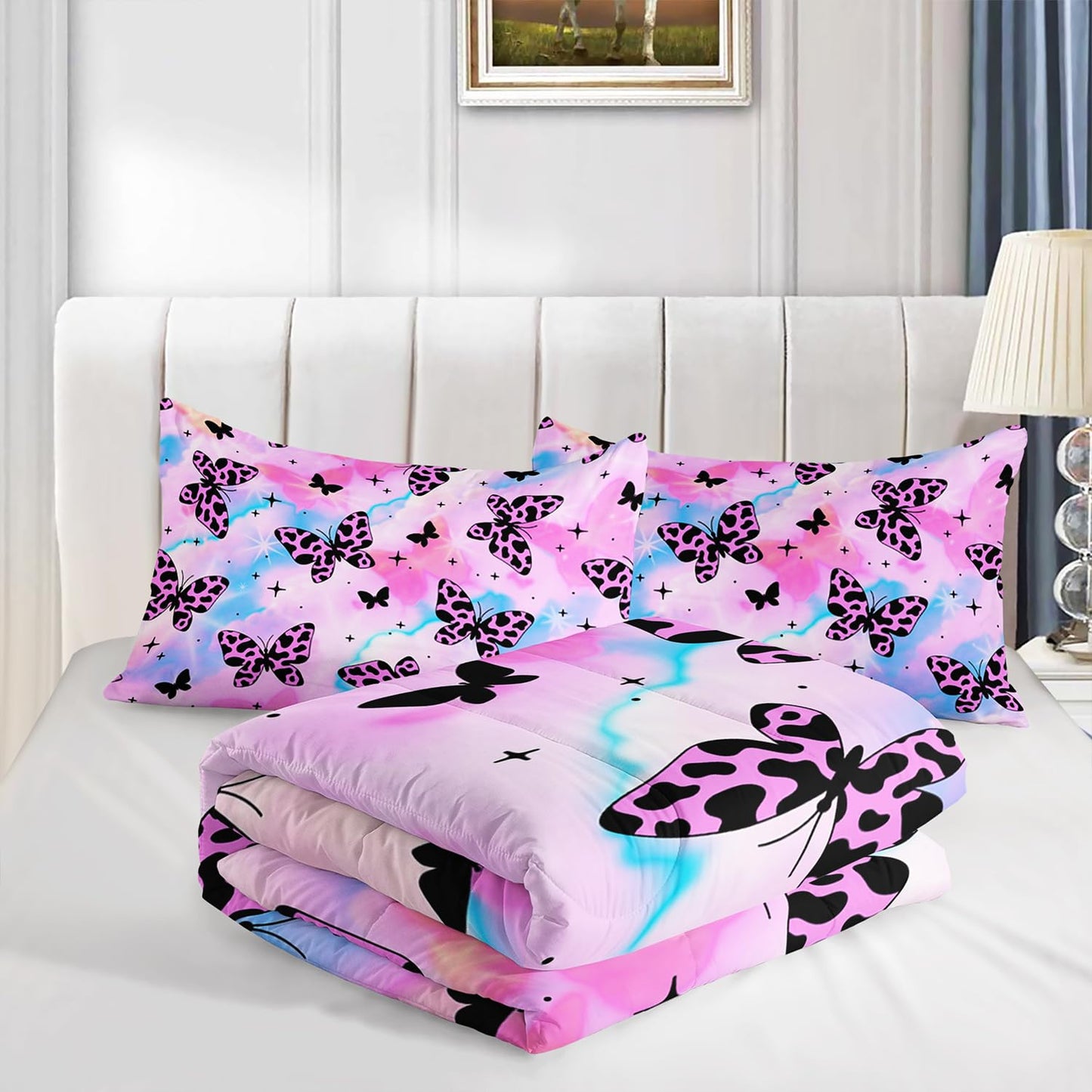 UEVBF Beautiful Butterfly Comforter Set Queen Size,Spotted Butterfly Printed Bedding Set for Kids Girls Women Room Decor,Rainbow Aesthetic Toddler Bedding Sets for Girls with 2 Pillowcases.