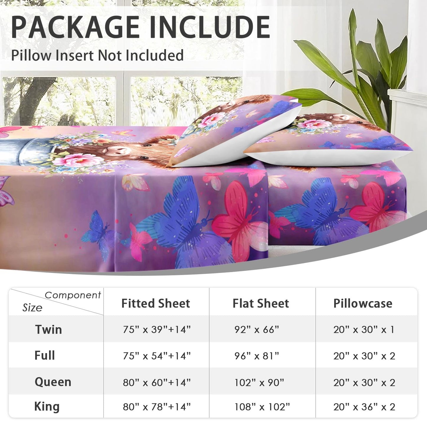 WeCozy 4 Pcs Queen Size Bed Sheet Sets with 2 Pillowcases, Cow Butterfly Floral Soft Microfiber Bedding for Kids and Adults, Boho Highland Cow Flat, Fitted Sheet for Bedroom Bed Decor
