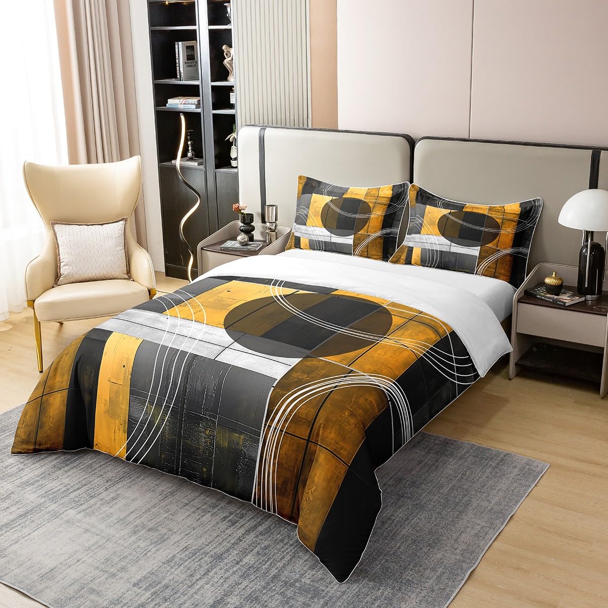 jejeloiu Olive Yellow Duvet Cover 100% Cotton King Size Kids Abstract Geometric Comforter Cover for Boys Girls Teens Modern Art Bedding Set Breathable Soft Room Decor