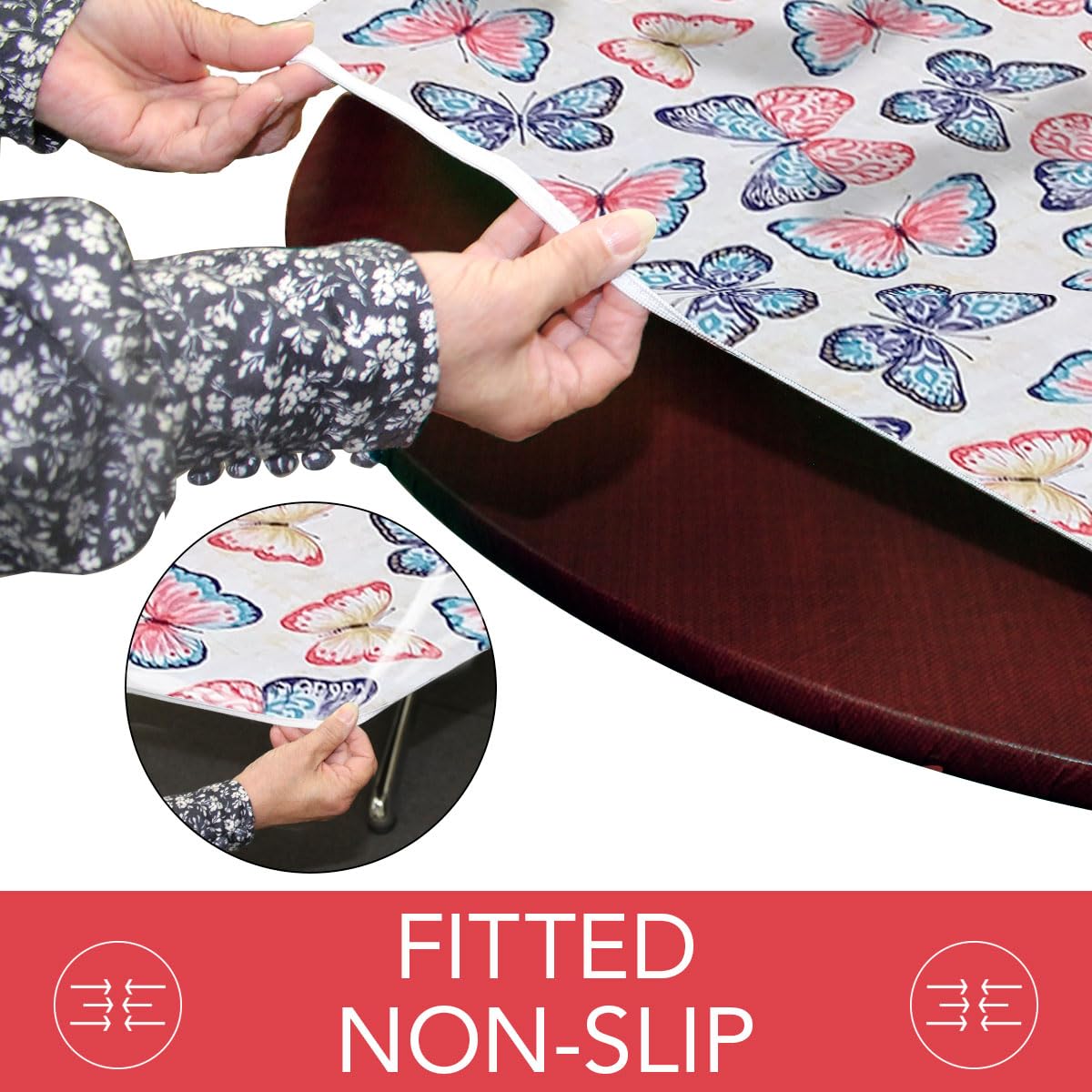 Covers For The Home Deluxe Elastic Edged Flannel Backed Vinyl Fitted Table Cover - Butterfly Pattern - Large Round Oblong Oval - Fits Tables up to 45" - 56" Diameter