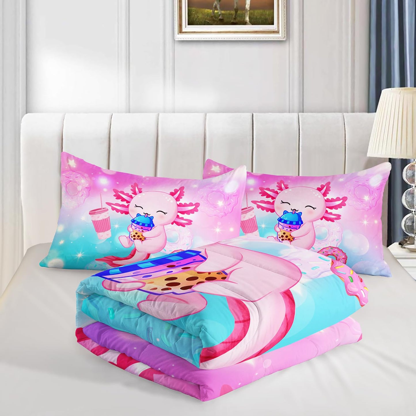 HOSIMA Axolotl Comforter Full Size Cute Animal Bedding Room Decor for Teen Girls Dessert Milk Tea Donut Bed Princess Toddler Bedding Set Fantasy Blue Purple Full Size Bed in a Bag for Adults Kids.