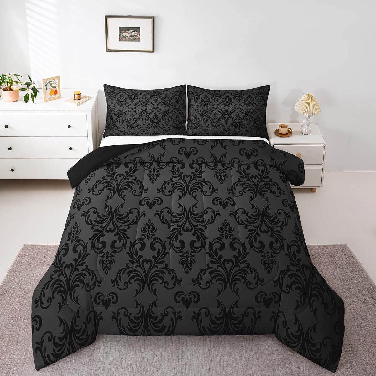 Feelyou Jacquard Bedding Set,Twin Size Floral Comforter Set for Adults and Teens,Boho Damask Duvet Set,Black & Grey Quilt Set (2Pcs)