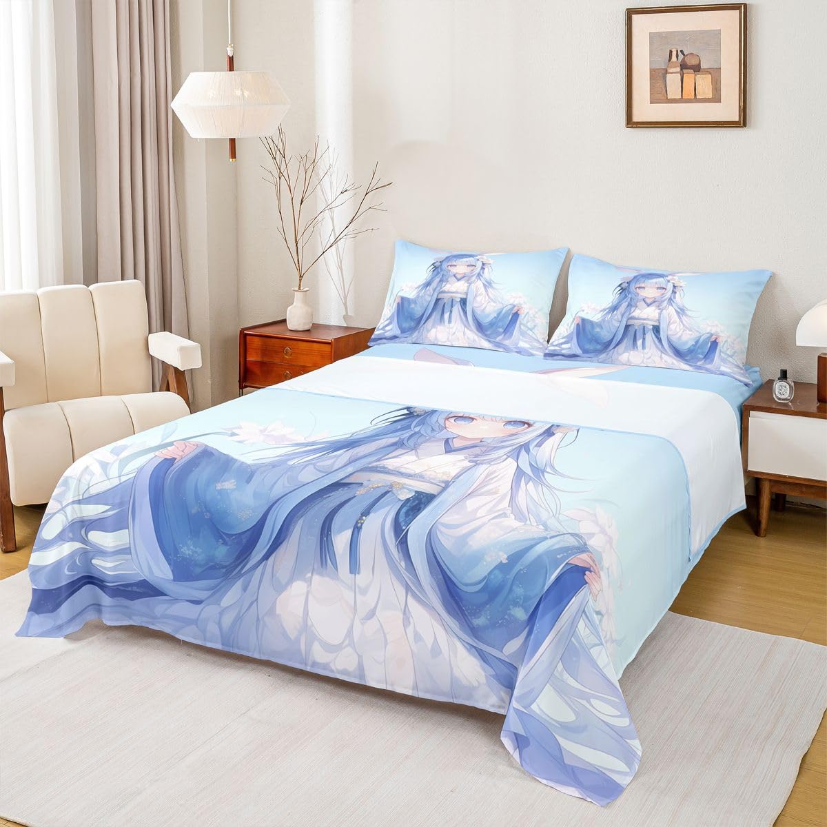 Traditional Japanese Girl Sheet Set Kawaii Decor, 3D Anime Girl Bed Sheets Set Cartoon Japanese Girl Bedding Set, Blue Butterfly Decorations Sheets Twin, 1 Flat Sheet 1 Fitted Sheet 1 Pillow Case