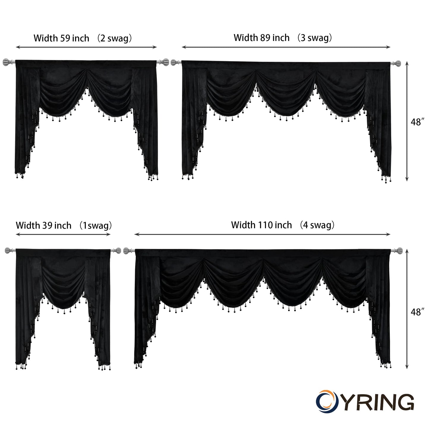 OYRING Black Velvet Rod Pocket Waterfall Valance for Living Room Window Valances for Kitchen (1 Panel, W39 Inch, Black)