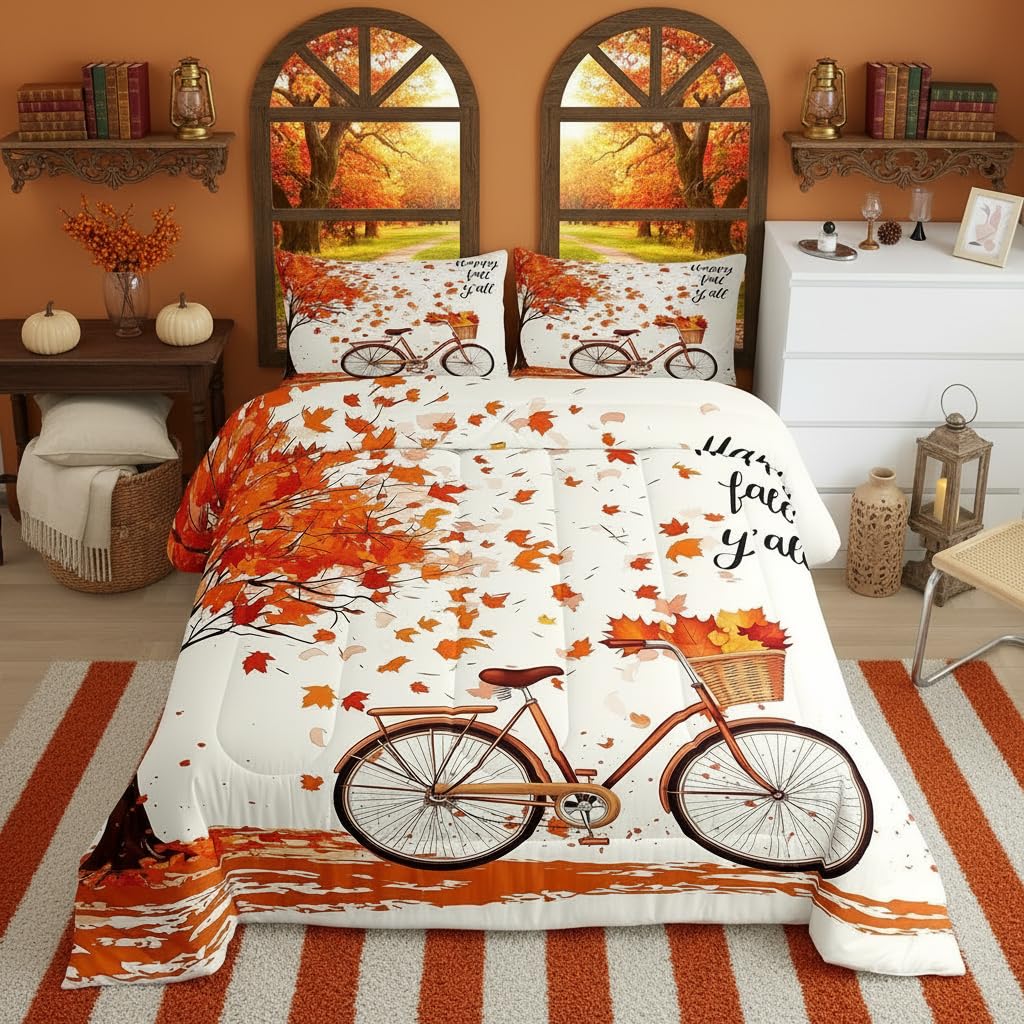 Fall Style Maple Leaves Comforter Set Queen Size, Rustic Farmhouse Bike Quilt Set for Home Room Decor,Thanksgiving Gifts Bedding Retro Nature Plants Duvet Insert, 2 Pillowcases