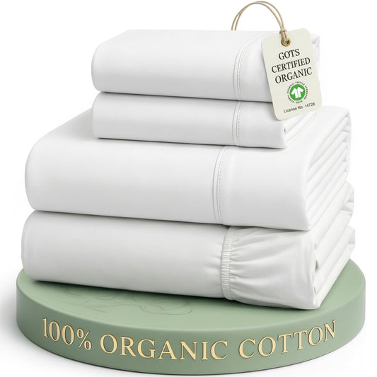 LANE LINEN Queen Sheets 100% Organic Cotton GOTS Certified Percale Weave Deep Pocket 4 Piece Soft Breathable Cooling Lightweight All Season Machine Washable Crisp - White