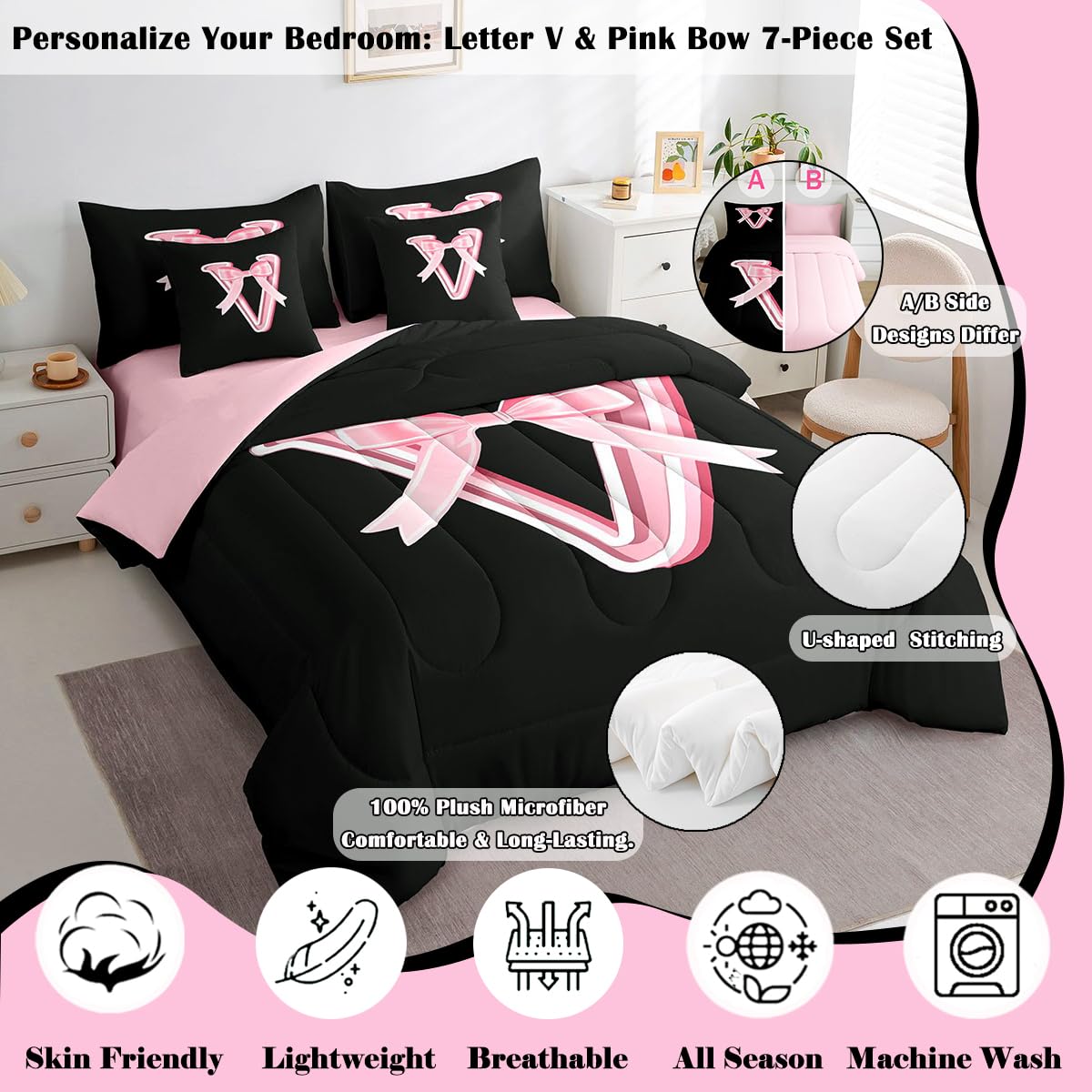 jejeloiu Kawaii Pink Bow Twin Comforter Set with Sheets,Gifts for Women Teen Girl,Monogrammed 7 Piece Bedding Set,Soft Personalized Initial Letter V Bed in a Bag with Comforter,Sheets,Pillowcases