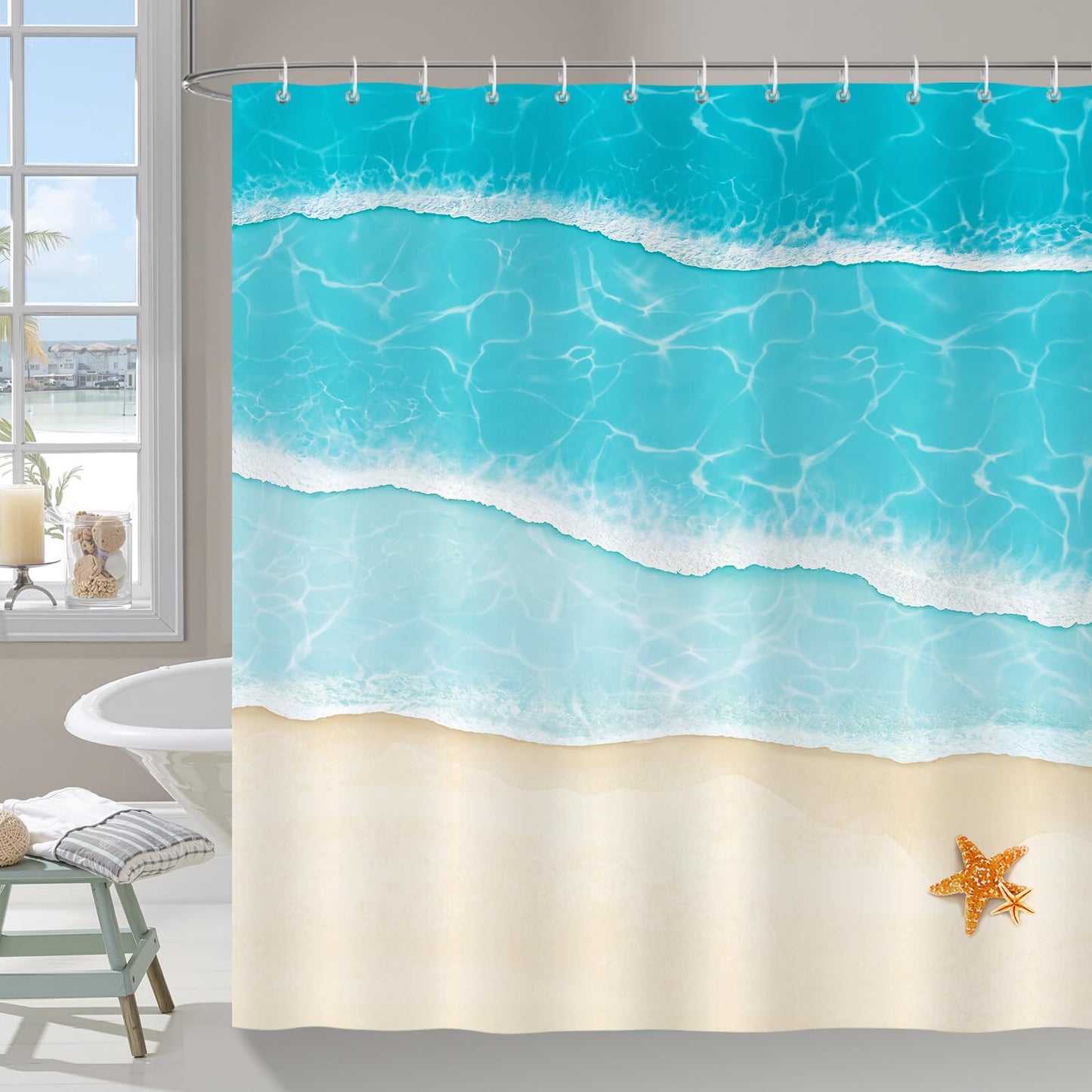 COZZSNUGE Beach Ocean Shower Curtain, Blue Summer Coastal Waves Starfish Shower Curtain for Bathroom Waterproof Polyester Fabirc with 12 Hooks, 72 x 72 Inches