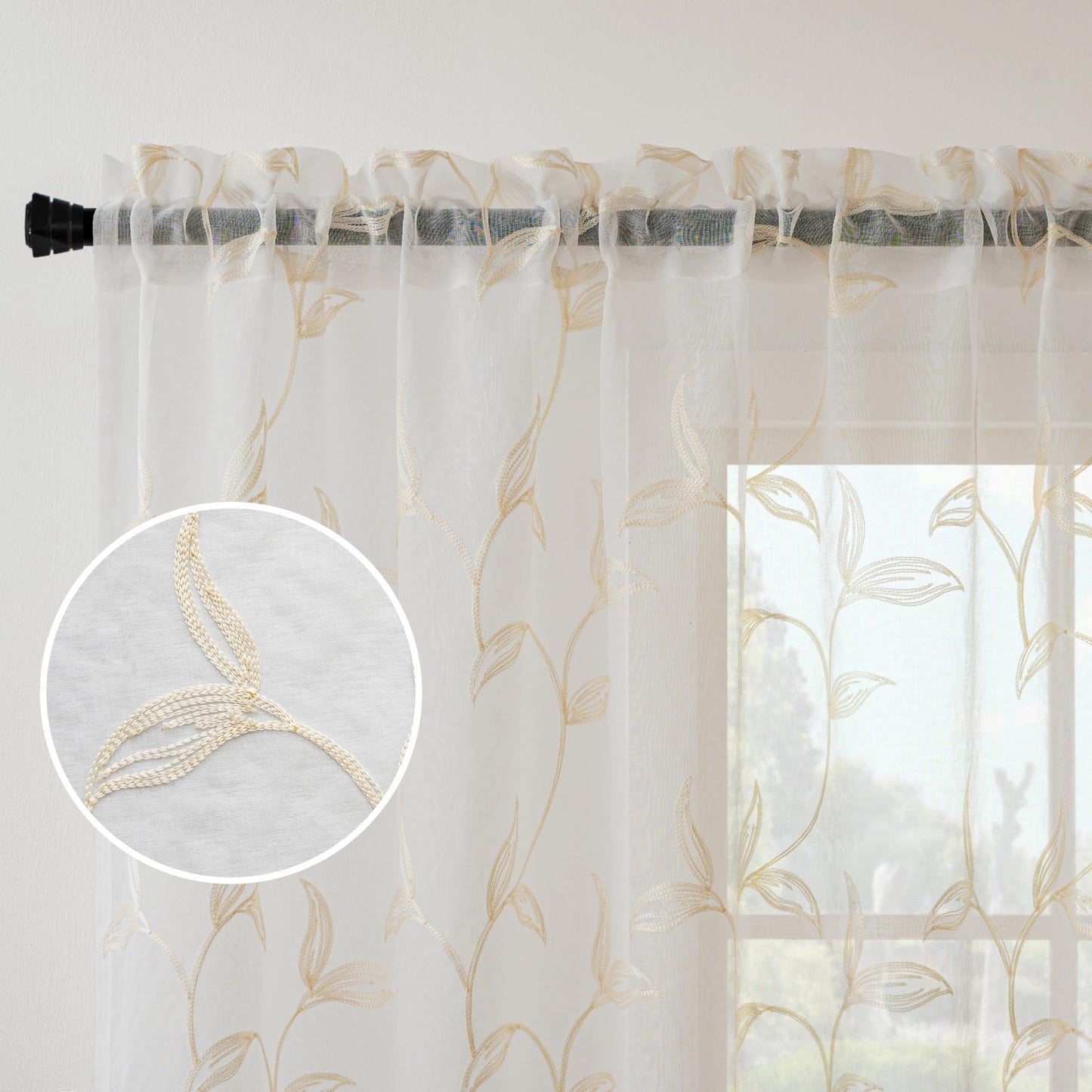 VISIONTEX 2 Panels Sheer Curtains 84 Inches Long, Cream Beige Floral Leaf Embroidered Semi Sheer Voile Curtains, Rod Pocket Light Filtering Window Drapes for Bedroom Living Room 54W x 84L