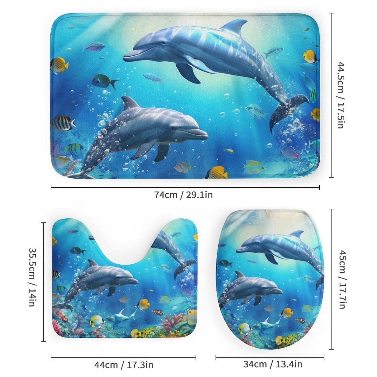 HDESDIS 4Pcs Blue Dolphin Shower Curtain Set, Non-Slip Rug Toilet Lid Cover Bath Mat, Ocean Tropical Fish Coral Reef Bathroom Shower Decor Set Accessory, 72" x 72"