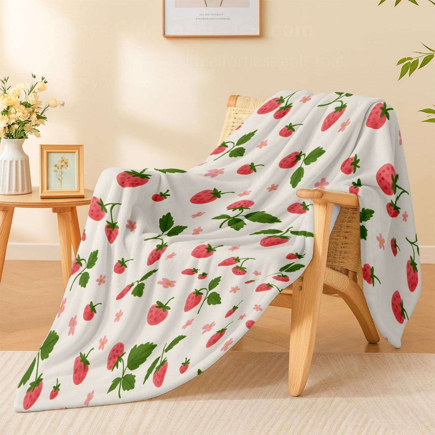 Cute Strawberry Blanket, Lightweight Cozy Pink Berries, Green Leaves and Small Flowers Throw Blanket Gifts for Women Girls Kids, 50×60 Inch Soft Warm Flannel Throws for Bed Decor Travel Couch