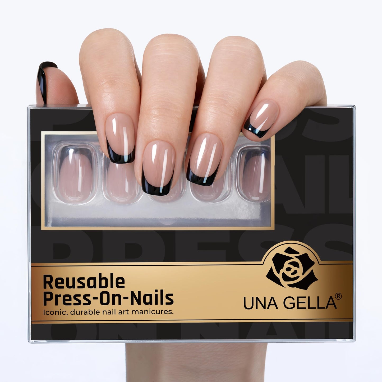 UNA GELLA 32Pcs Soft Gel Press on Nails - 16 Sizes Black Chrome Mirror French Tip Short Square Glue on Nails, Reusable Metallic Black False Nails, Acrylic Nail Kit for Women DIY Home Manicure