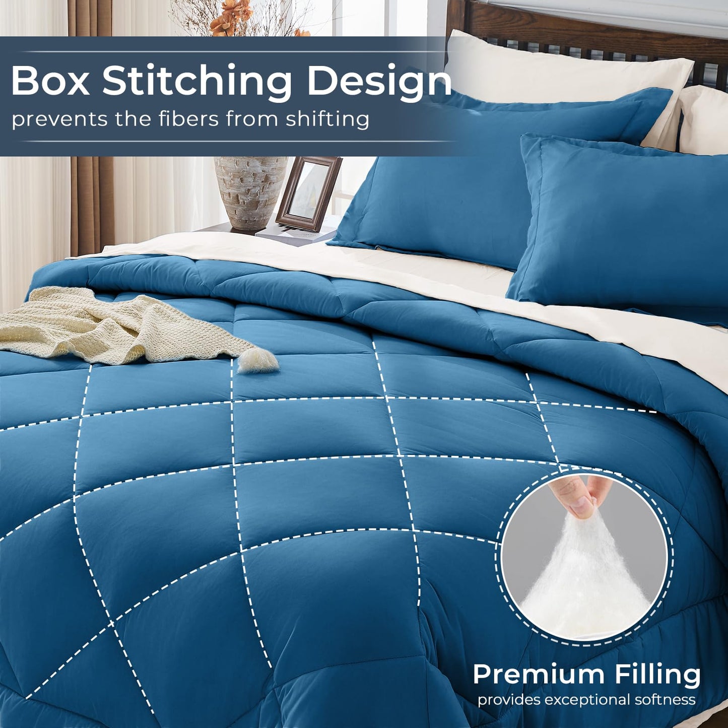 HEVUMYI Teal Blue & Ivory Queen Comforter Set - 7-Piece All Season Bed in a Bag Queen, Ultra Soft Bedding Set with Comforter, Flat Sheet, Fitted Sheet, Pillowcases, Pillow Shams, Teal Blue & Ivory