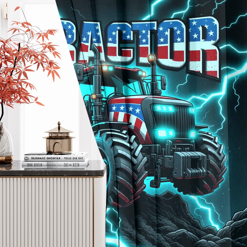 KuracleGH Cool Modern Tractor Curtains for Bedroom,Patriotic American Flag Room Darkening Blackout Window Treatment,Cartoon Sports Themed Truck Rod-Pocket Privacy Curtains,2pcs,Each 21“W x 45”L