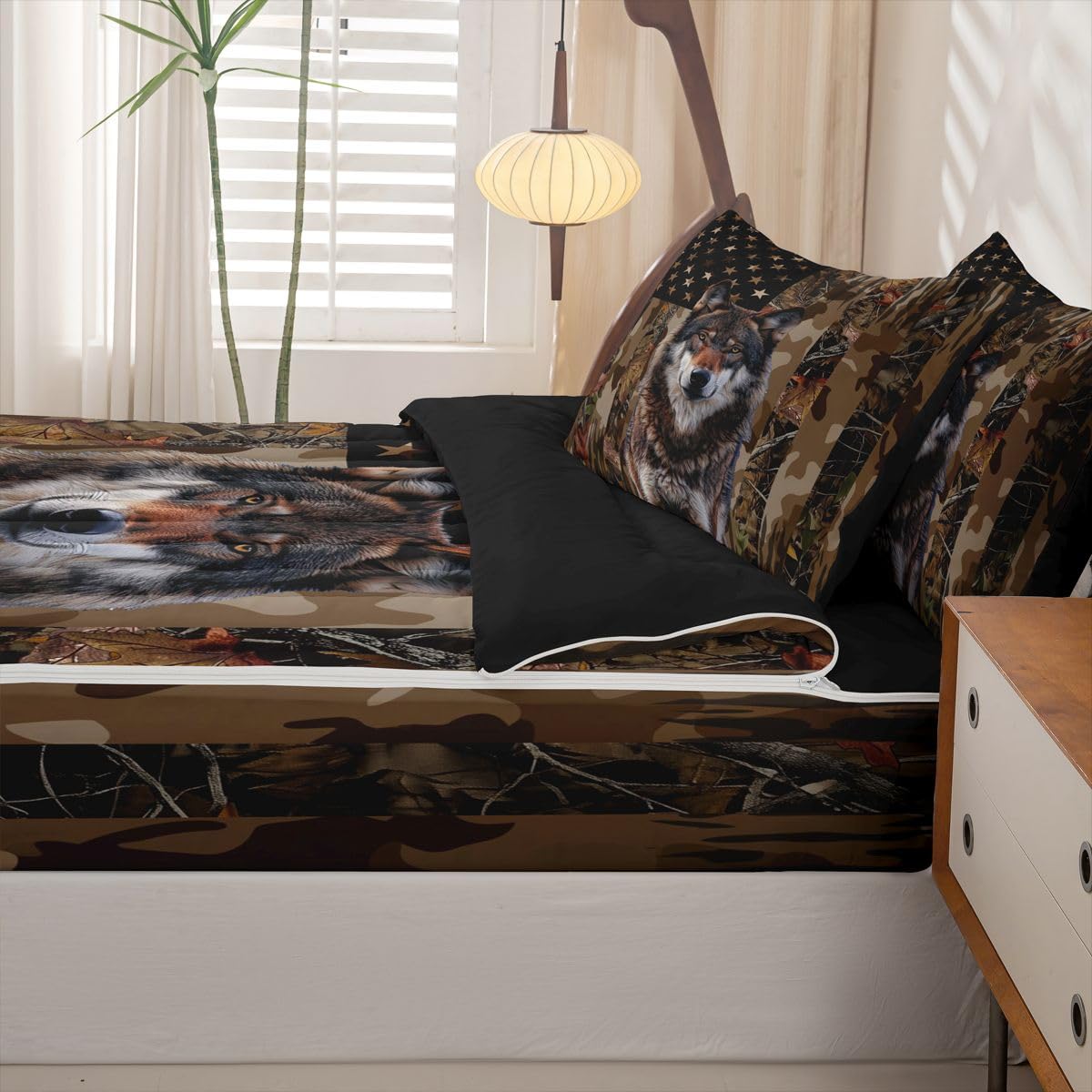 jejeloiu Wolf Hunting Camo Zipper Bedding for Kids Rustic Western Wolf Twin Comforter Set with Fitted Sheet 2 Pillowcases American Flag Bed in a Bag Brown Camouflage Soft Lightweight Microfiber